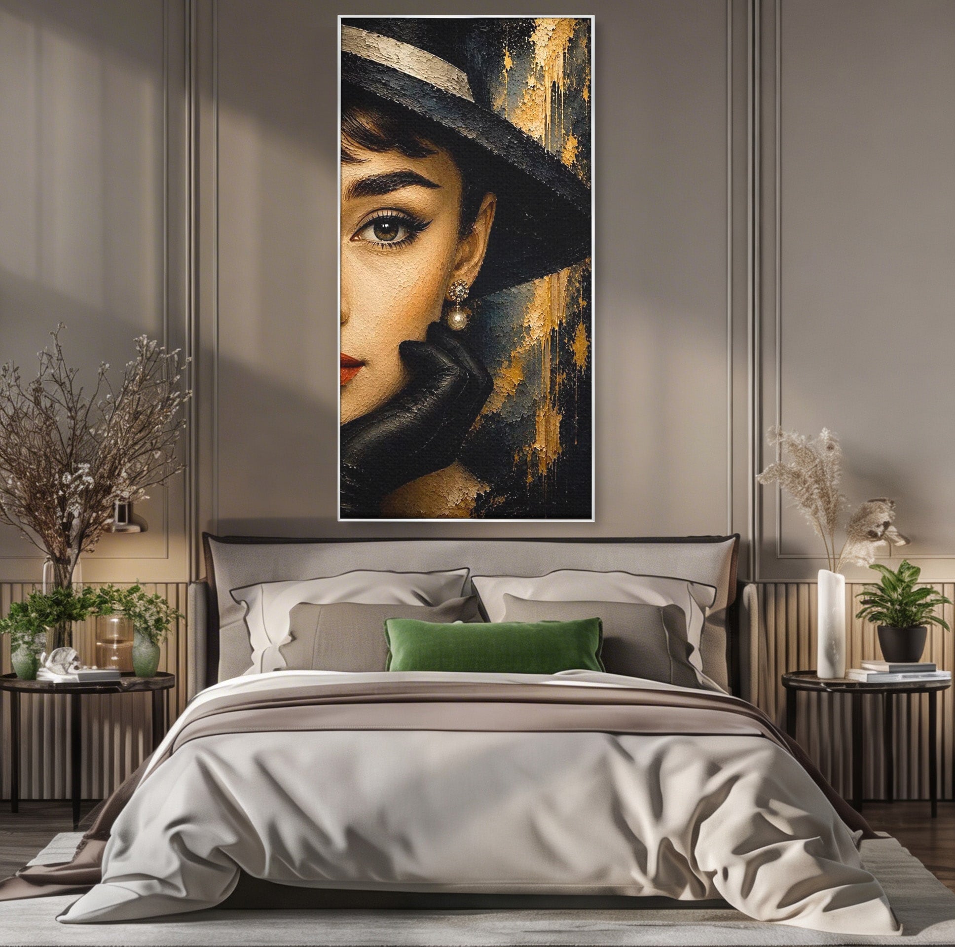 Tablou Canvas Premium LuxCanva® PI1166, Eleganta Atemporala, Audrey Hepburn, Diva, Palarie, Eleganta, Living, Dormitor, Culori Vibrante