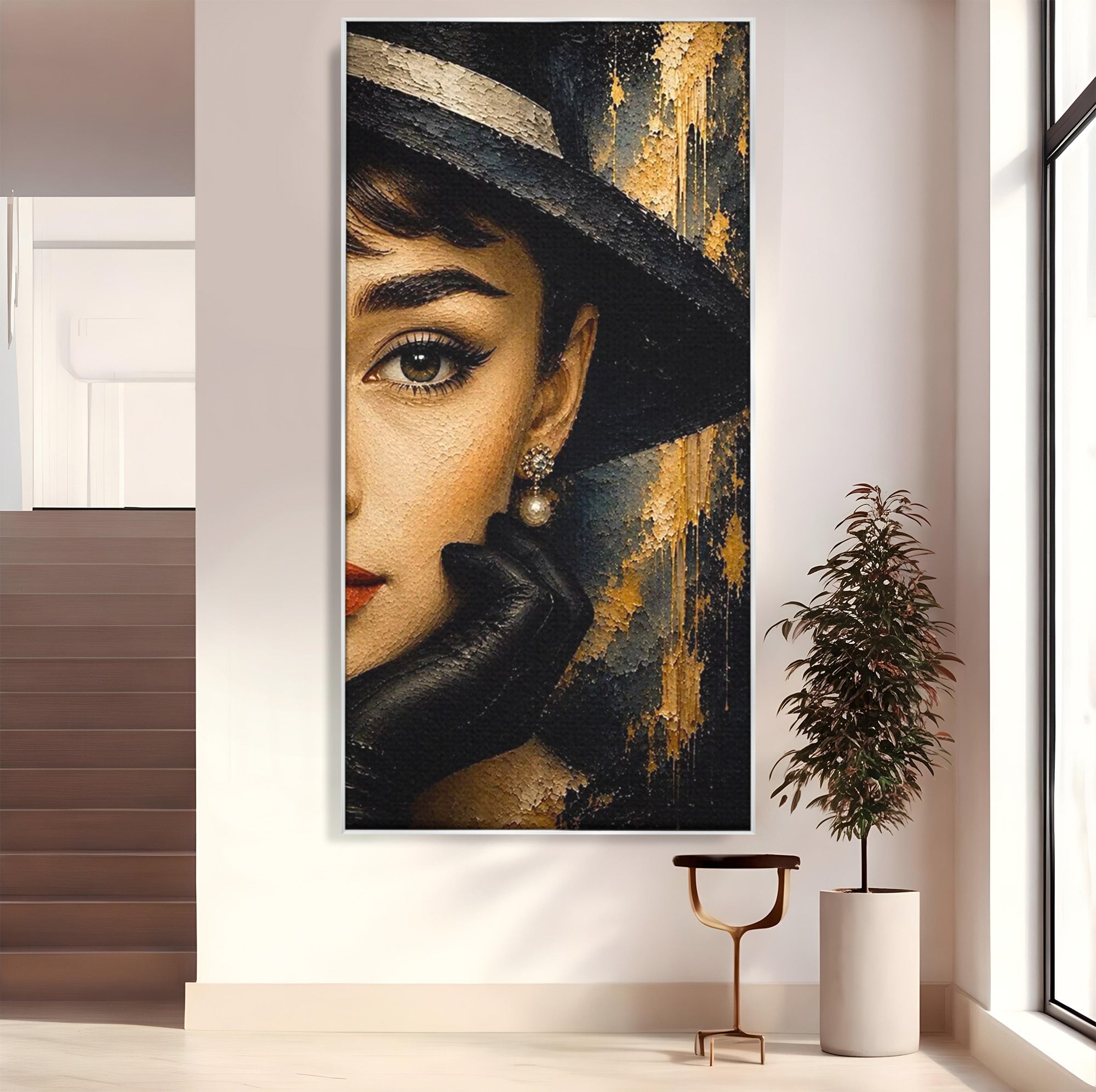 Tablou Canvas Premium LuxCanva® PI1166, Eleganta Atemporala, Audrey Hepburn, Diva, Palarie, Eleganta, Living, Dormitor, Culori Vibrante