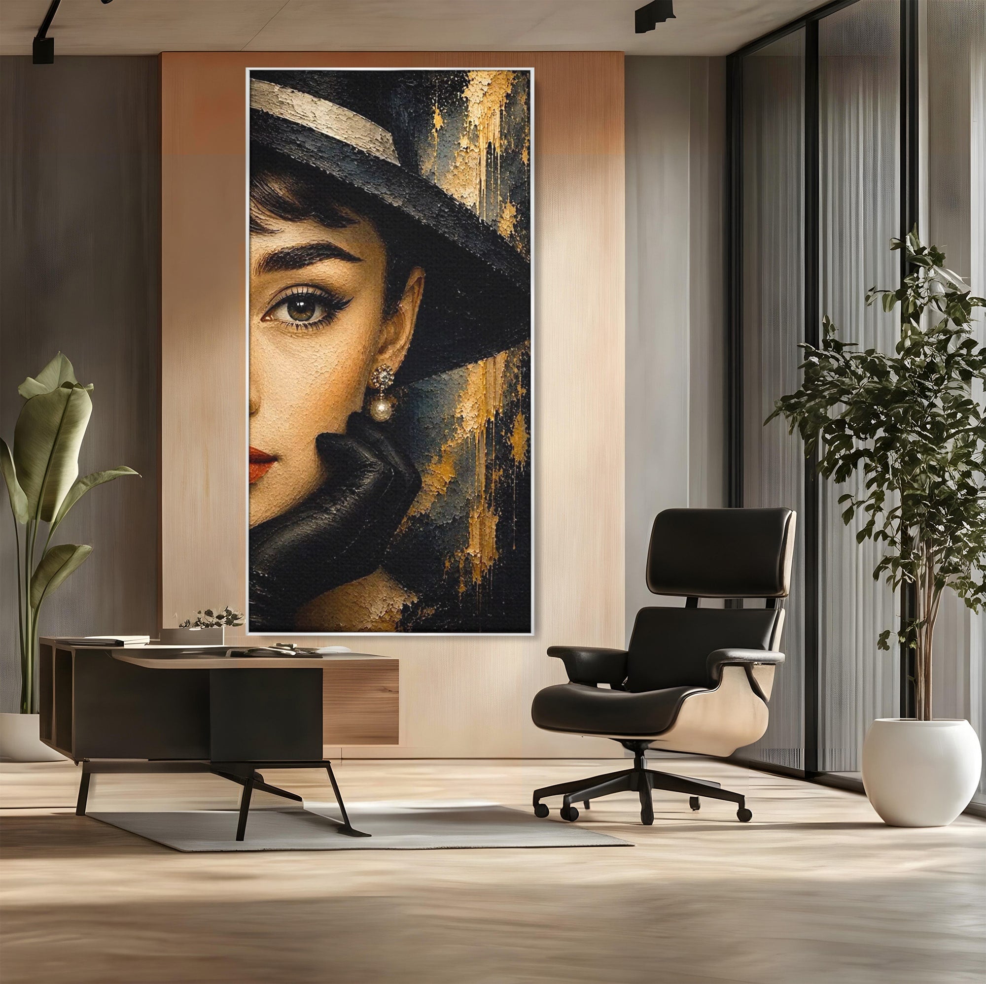 Tablou Canvas Premium LuxCanva® PI1166, Eleganta Atemporala, Audrey Hepburn, Diva, Palarie, Eleganta, Living, Dormitor, Culori Vibrante