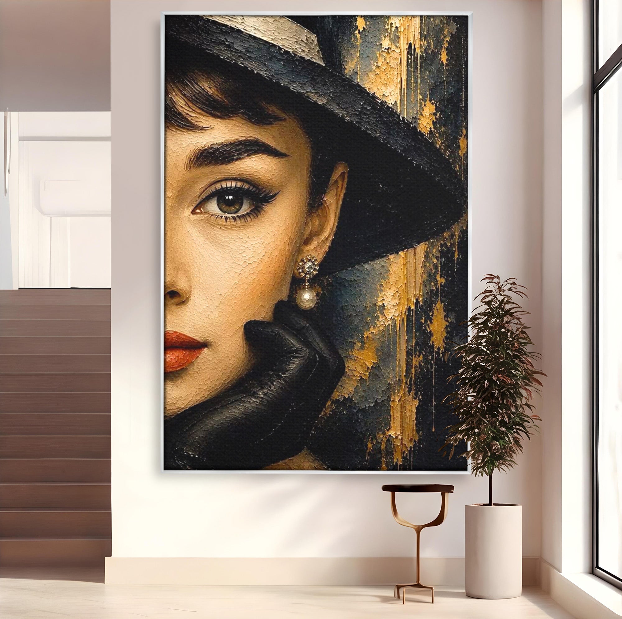 Tablou Canvas Premium LuxCanva® PI1166, Eleganta Atemporala, Audrey Hepburn, Diva, Palarie, Eleganta, Living, Dormitor, Culori Vibrante