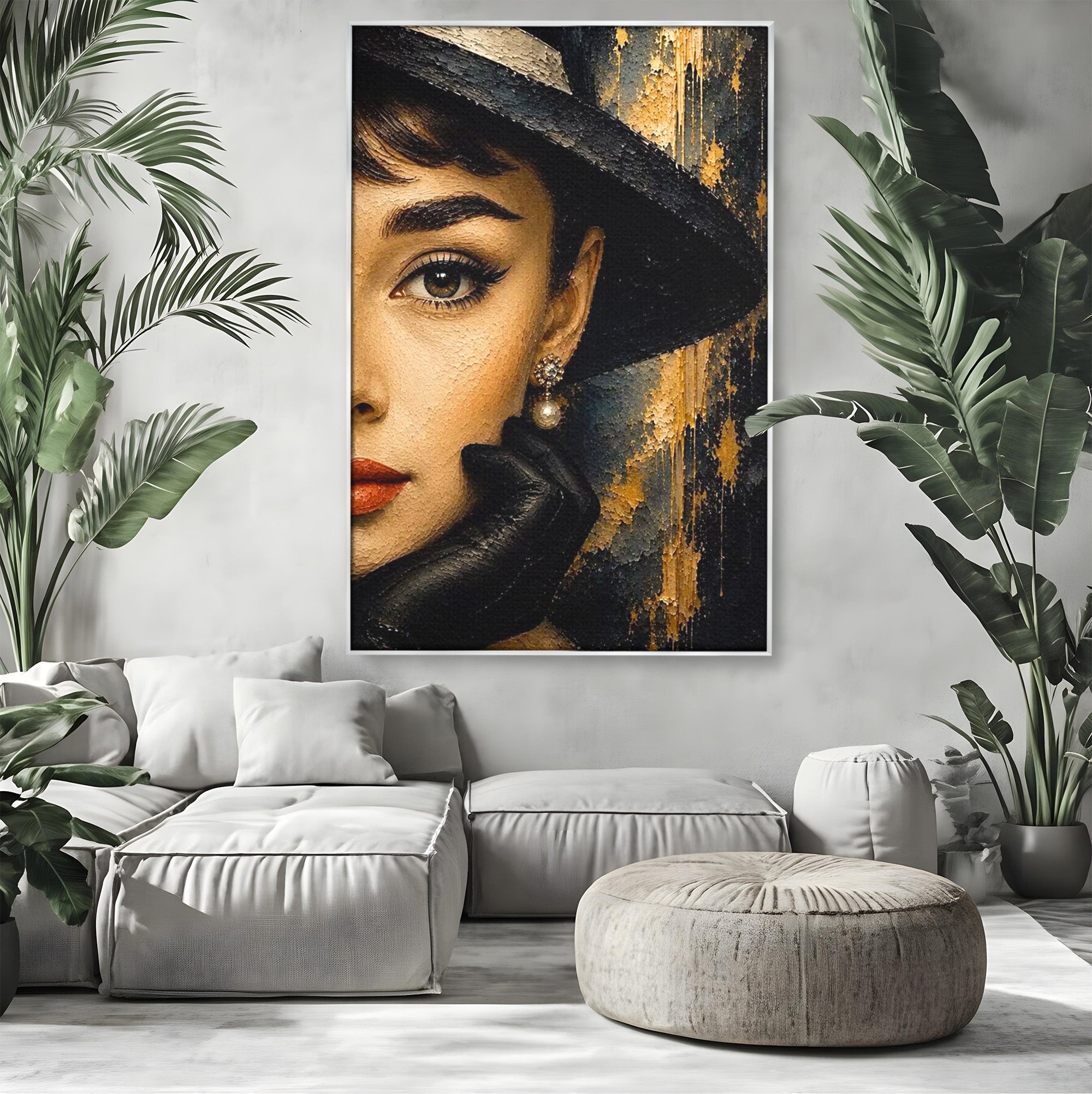 Tablou Canvas Premium LuxCanva® PI1166, Eleganta Atemporala, Audrey Hepburn, Diva, Palarie, Eleganta, Living, Dormitor, Culori Vibrante