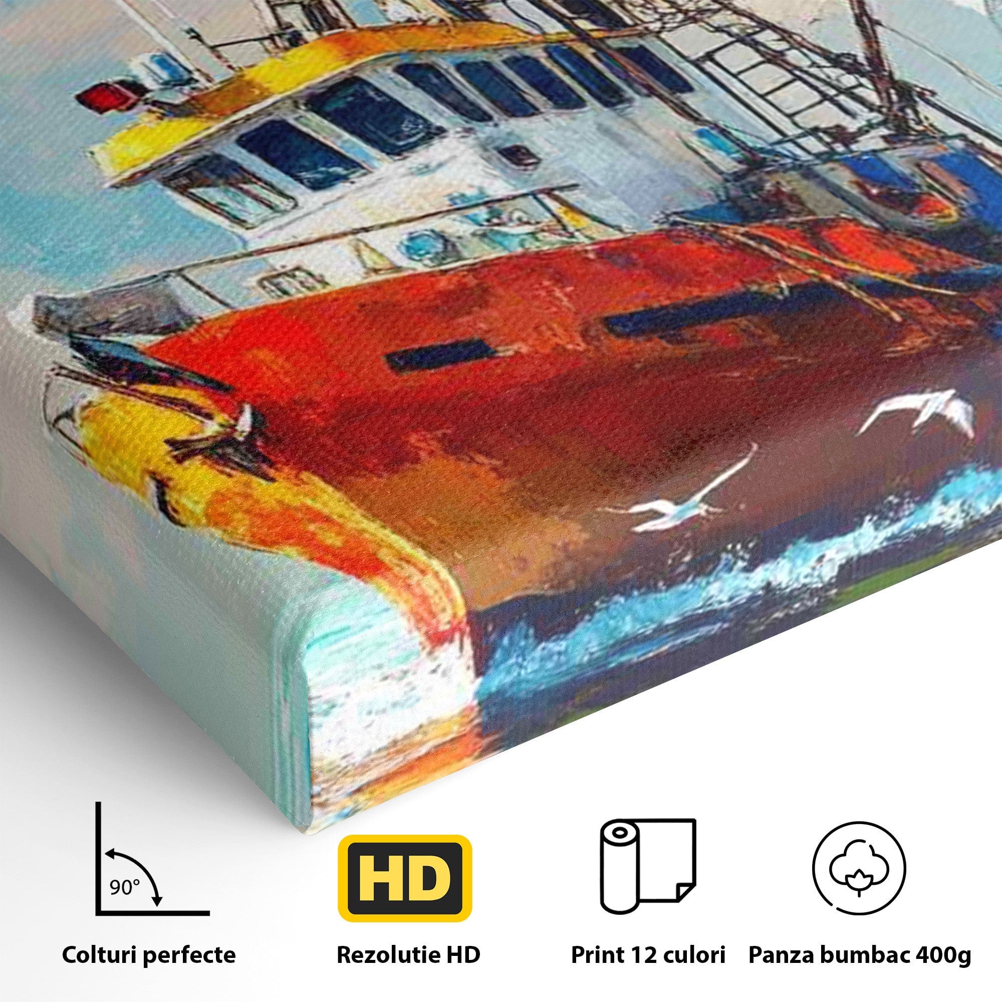 Tablou Canvas Premium LuxCanva® PI1169, Vaporul Pescarilor, Pescador, Pescarusi, Mare, Valuri, Living, Culori Vibrante