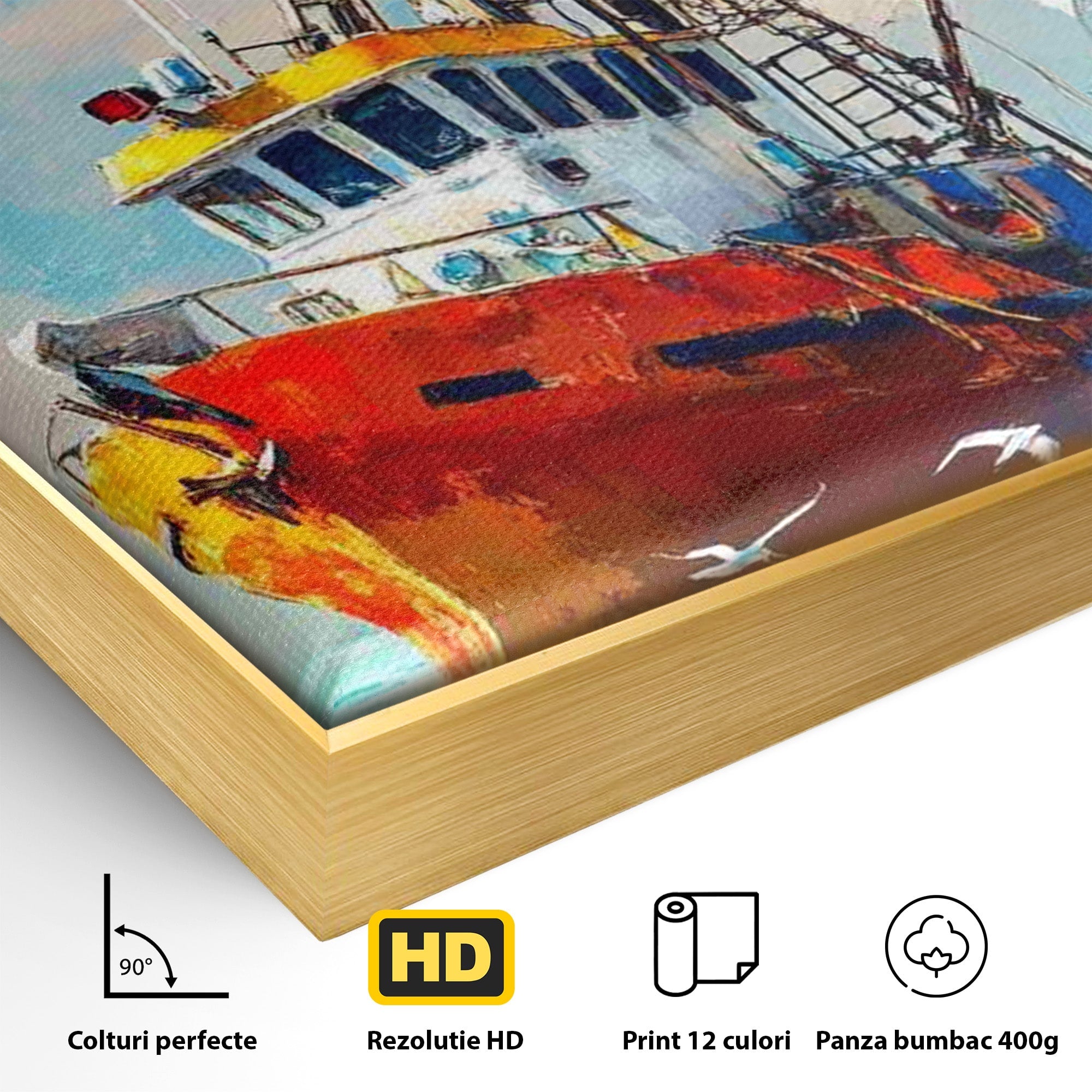 Tablou Canvas Premium LuxCanva® PI1169, Vaporul Pescarilor, Pescador, Pescarusi, Mare, Valuri, Living, Culori Vibrante