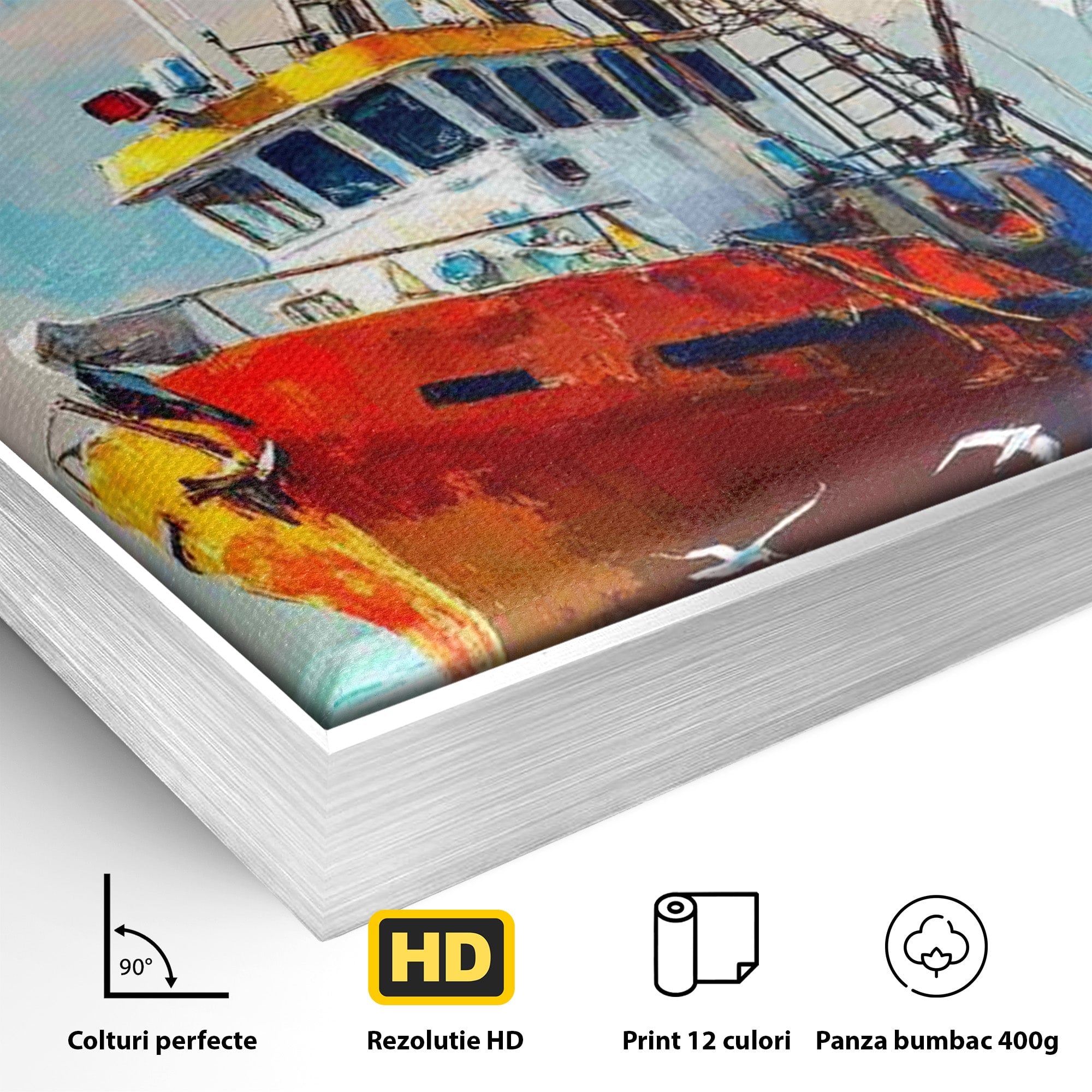 Tablou Canvas Premium LuxCanva® PI1169, Vaporul Pescarilor, Pescador, Pescarusi, Mare, Valuri, Living, Culori Vibrante