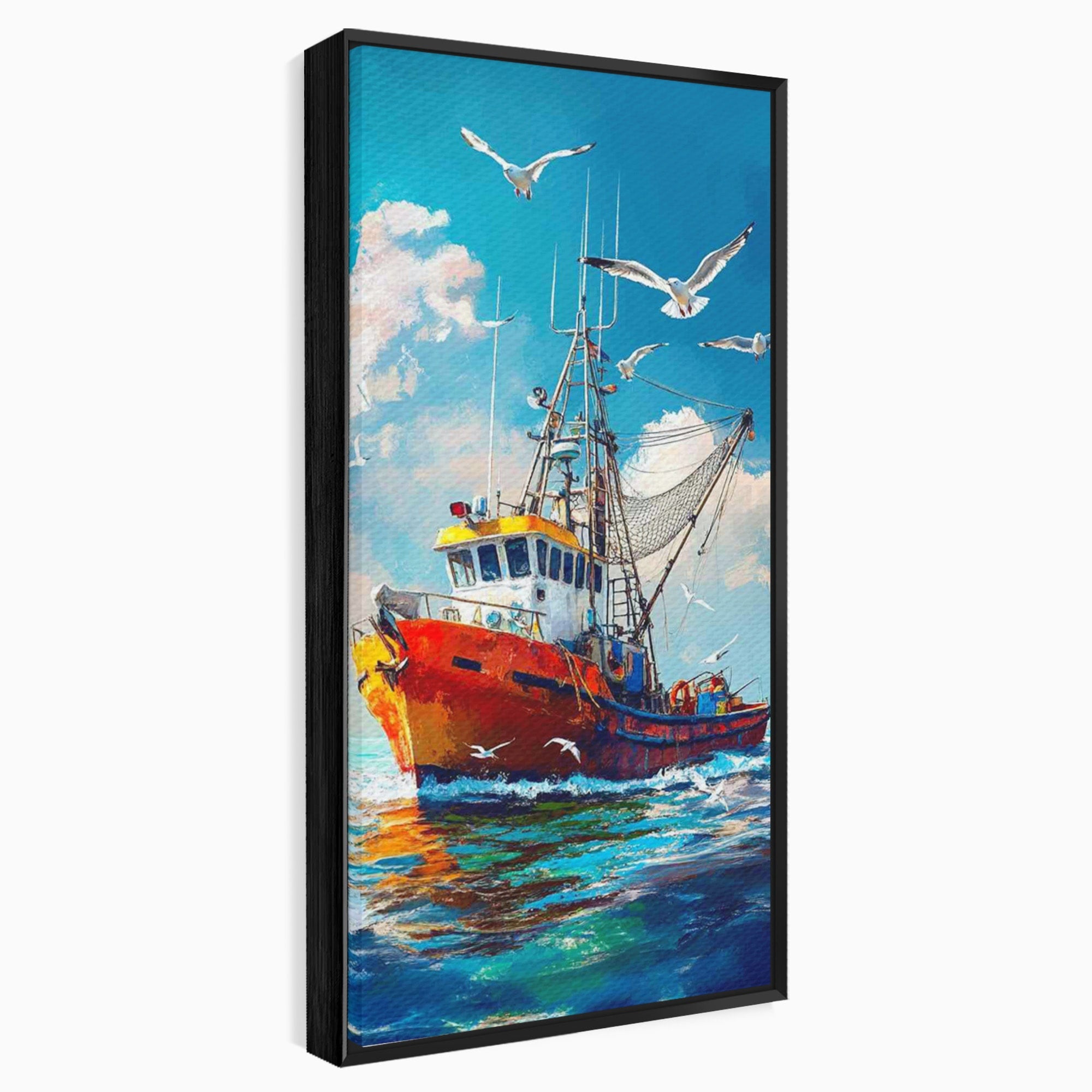 Tablou Canvas Premium LuxCanva® PI1169, Vaporul Pescarilor, Pescador, Pescarusi, Mare, Valuri, Living, Culori Vibrante
