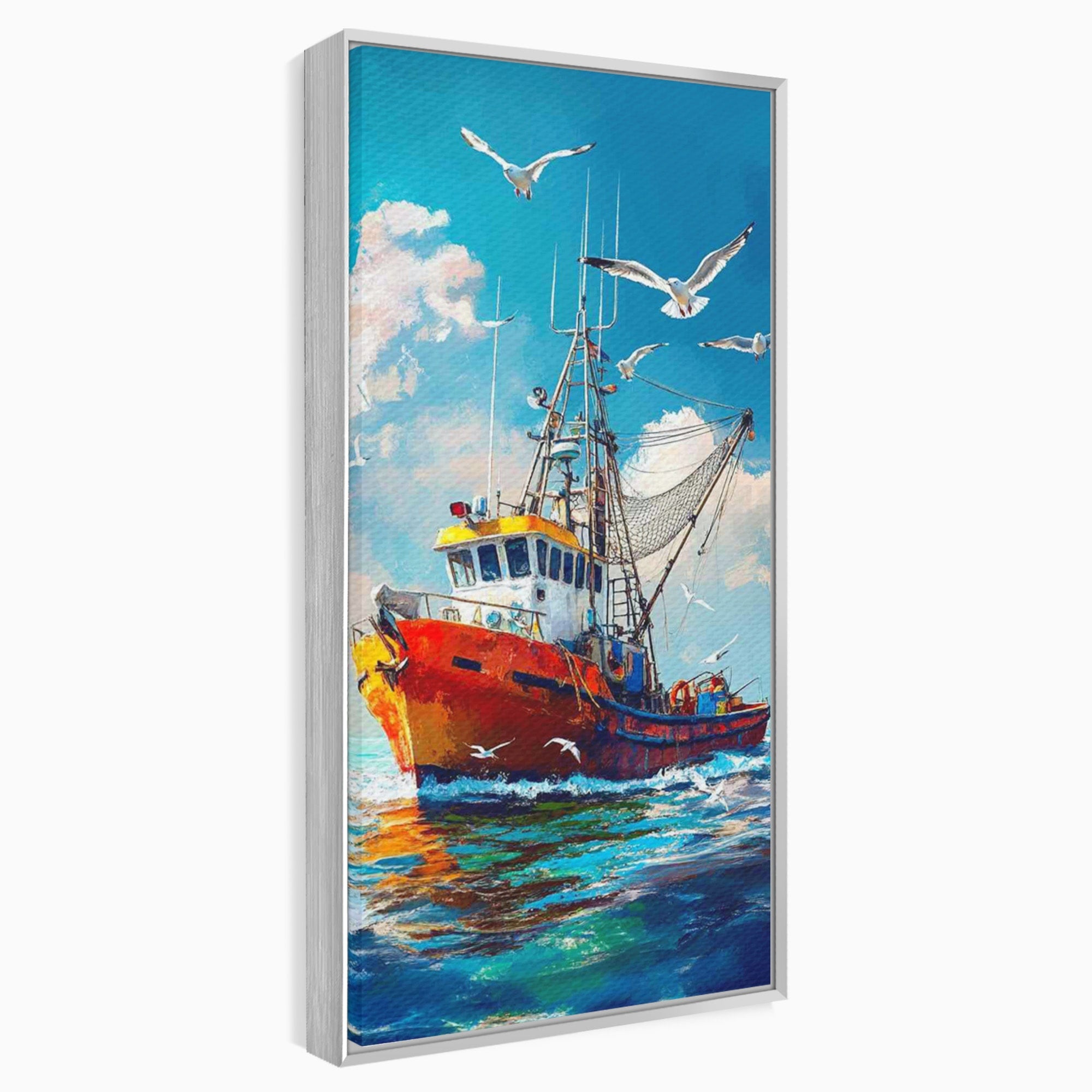 Tablou Canvas Premium LuxCanva® PI1169, Vaporul Pescarilor, Pescador, Pescarusi, Mare, Valuri, Living, Culori Vibrante