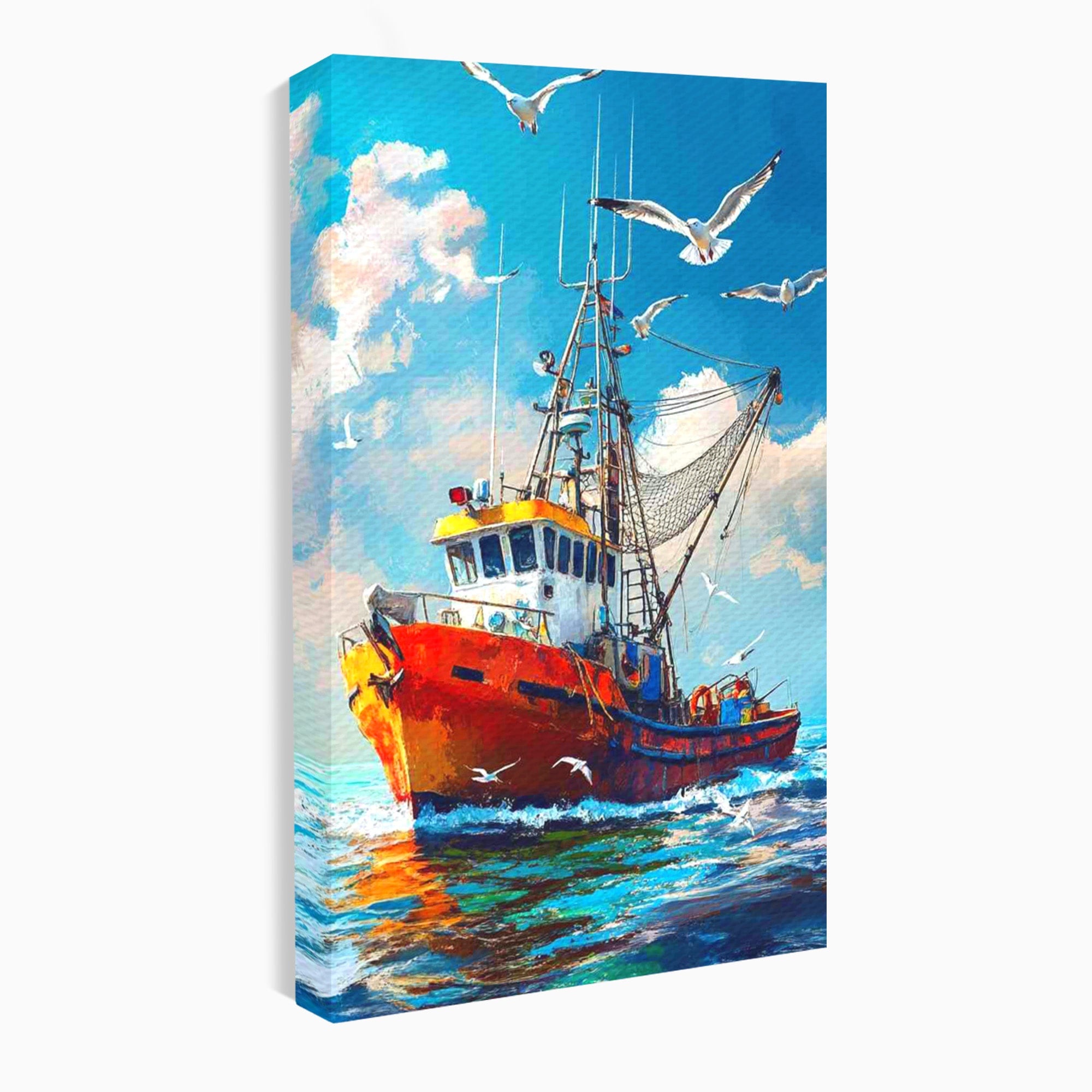 Tablou Canvas Premium LuxCanva® PI1169, Vaporul Pescarilor, Pescador, Pescarusi, Mare, Valuri, Living, Culori Vibrante