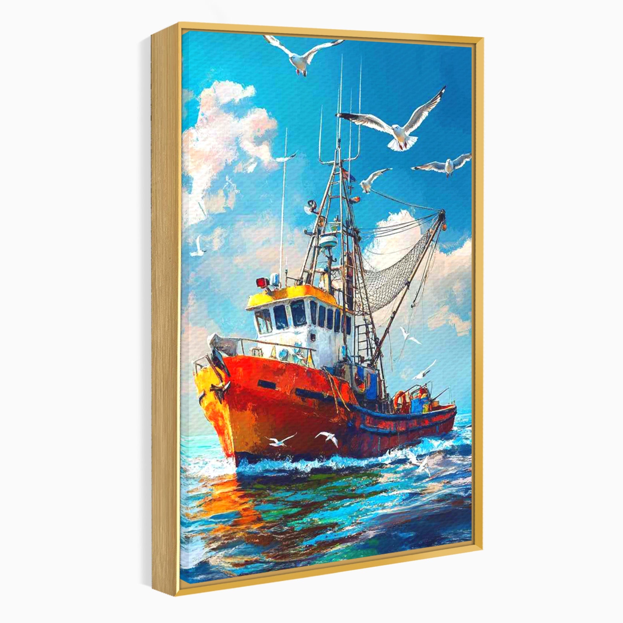 Tablou Canvas Premium LuxCanva® PI1169, Vaporul Pescarilor, Pescador, Pescarusi, Mare, Valuri, Living, Culori Vibrante
