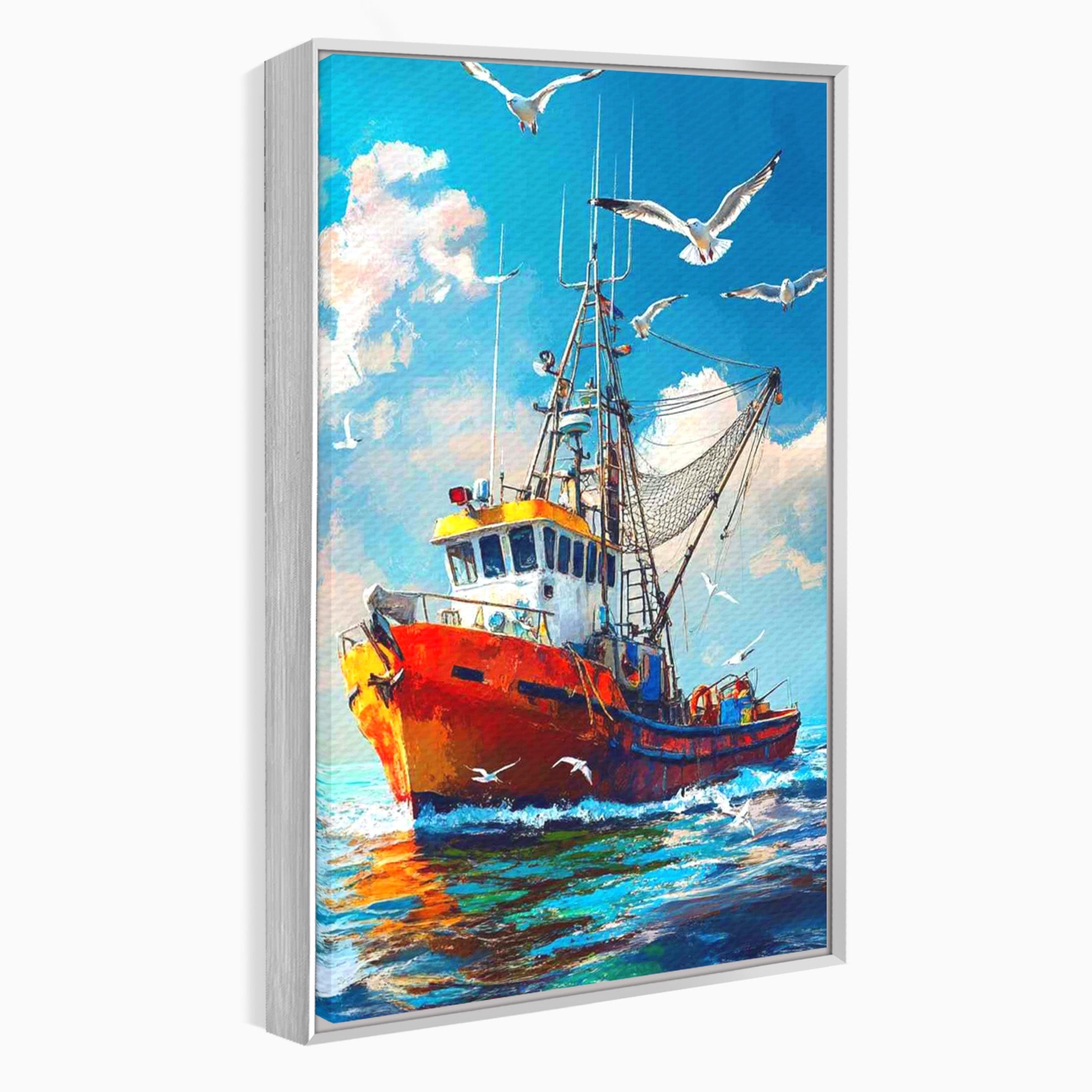 Tablou Canvas Premium LuxCanva® PI1169, Vaporul Pescarilor, Pescador, Pescarusi, Mare, Valuri, Living, Culori Vibrante