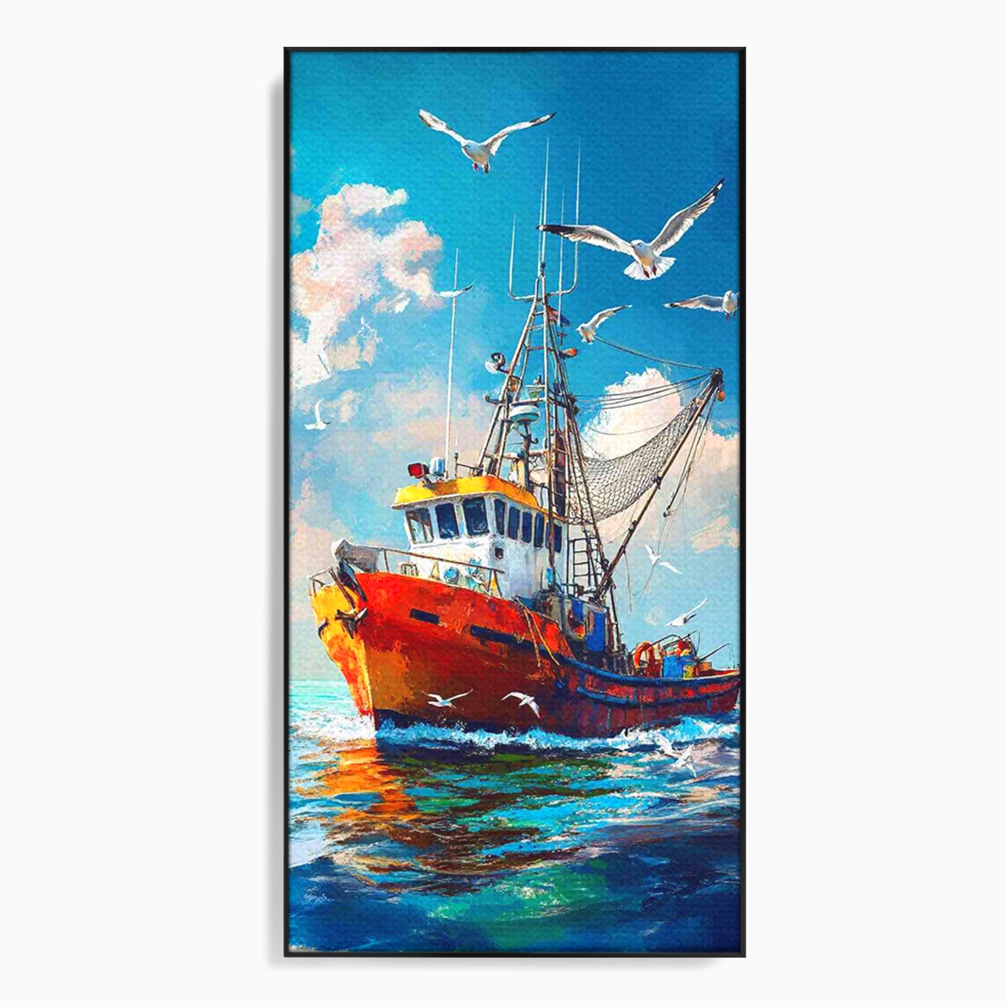Tablou Canvas Premium LuxCanva® PI1169, Vaporul Pescarilor, Pescador, Pescarusi, Mare, Valuri, Living, Culori Vibrante