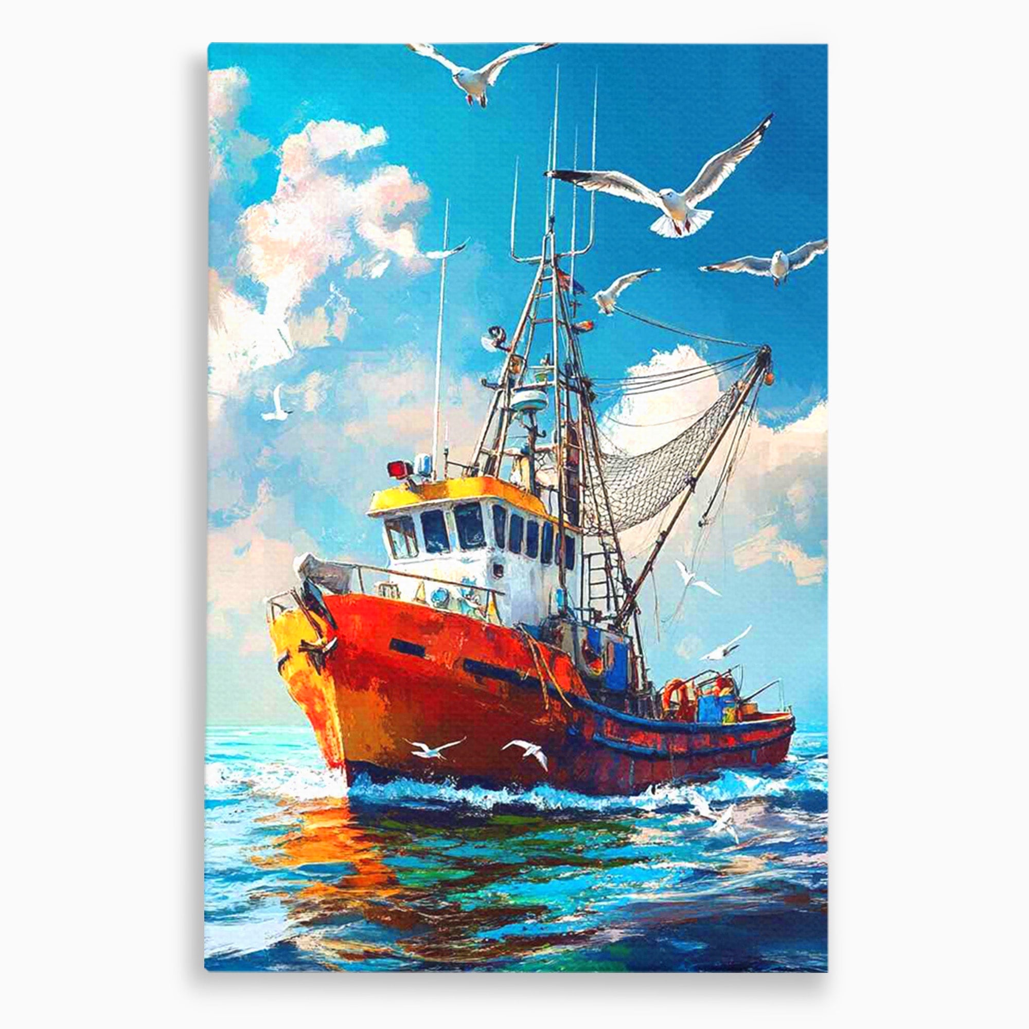 Tablou Canvas Premium LuxCanva® PI1169, Vaporul Pescarilor, Pescador, Pescarusi, Mare, Valuri, Living, Culori Vibrante