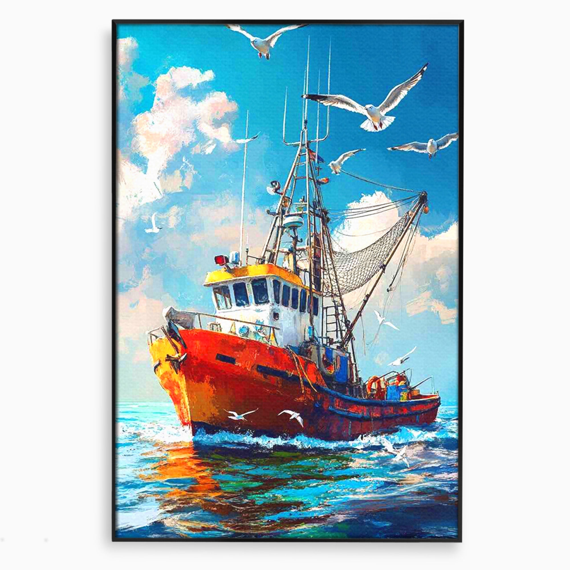 Tablou Canvas Premium LuxCanva® PI1169, Vaporul Pescarilor, Pescador, Pescarusi, Mare, Valuri, Living, Culori Vibrante