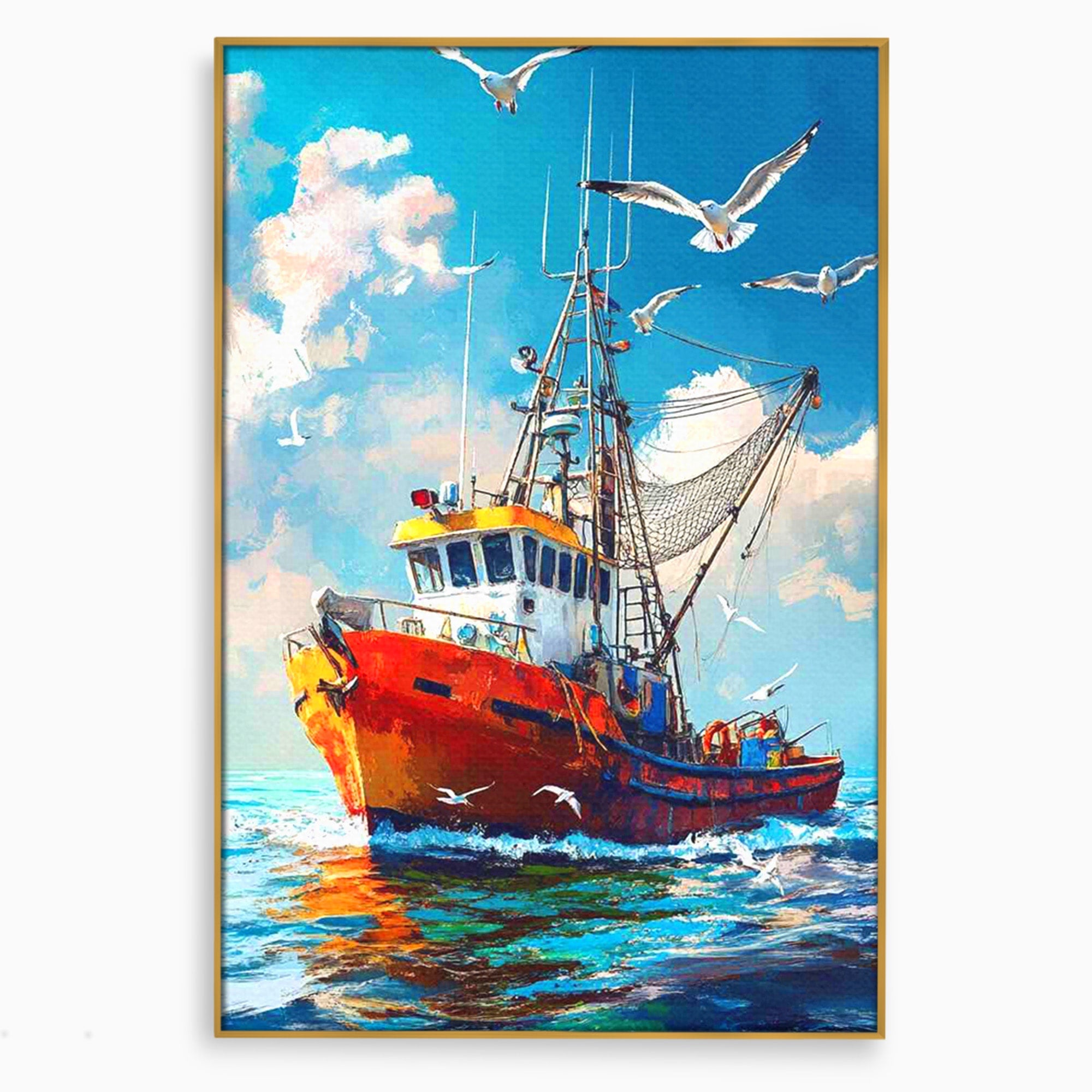 Tablou Canvas Premium LuxCanva® PI1169, Vaporul Pescarilor, Pescador, Pescarusi, Mare, Valuri, Living, Culori Vibrante