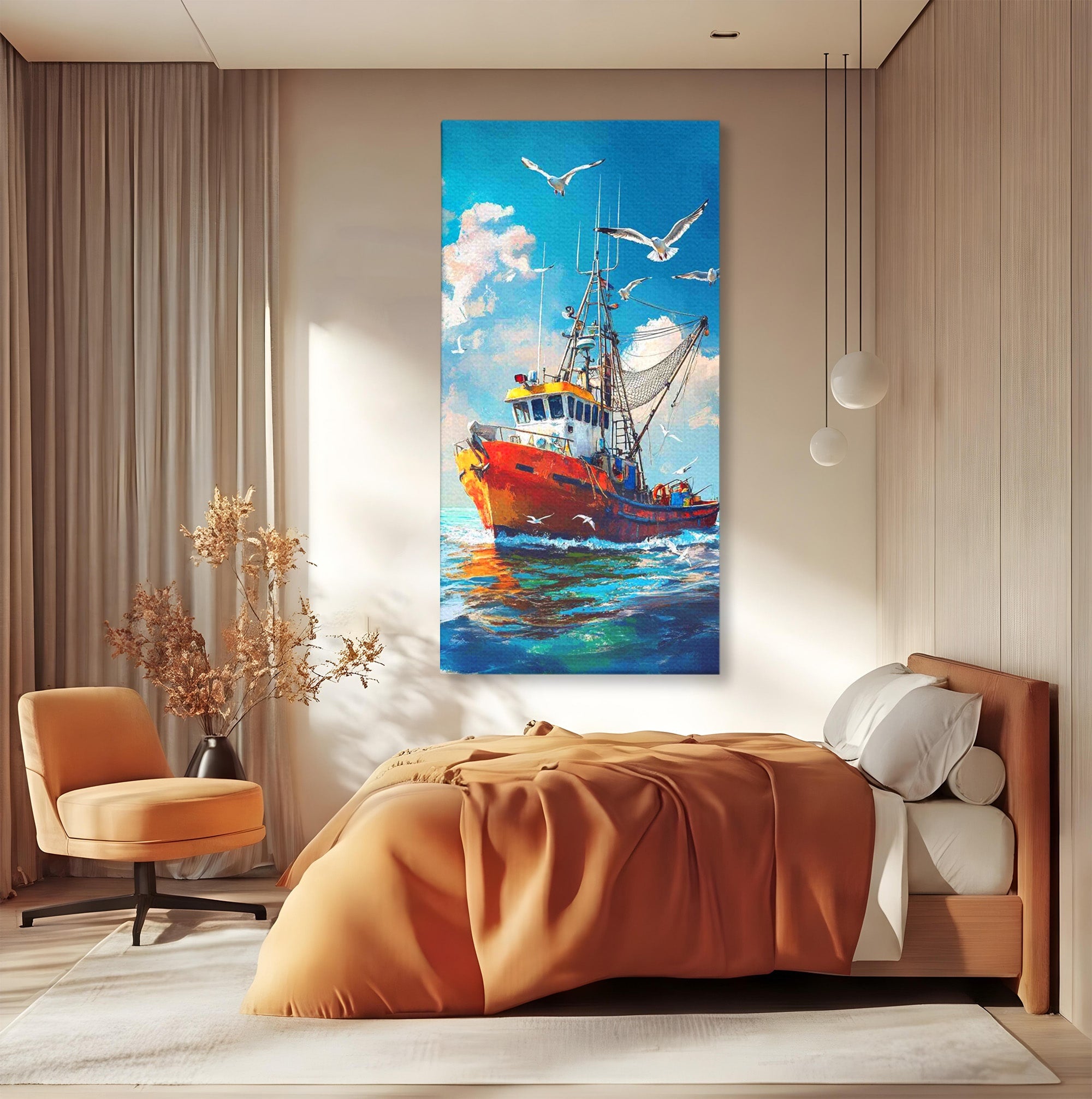 Tablou Canvas Premium LuxCanva® PI1169, Vaporul Pescarilor, Pescador, Pescarusi, Mare, Valuri, Living, Culori Vibrante