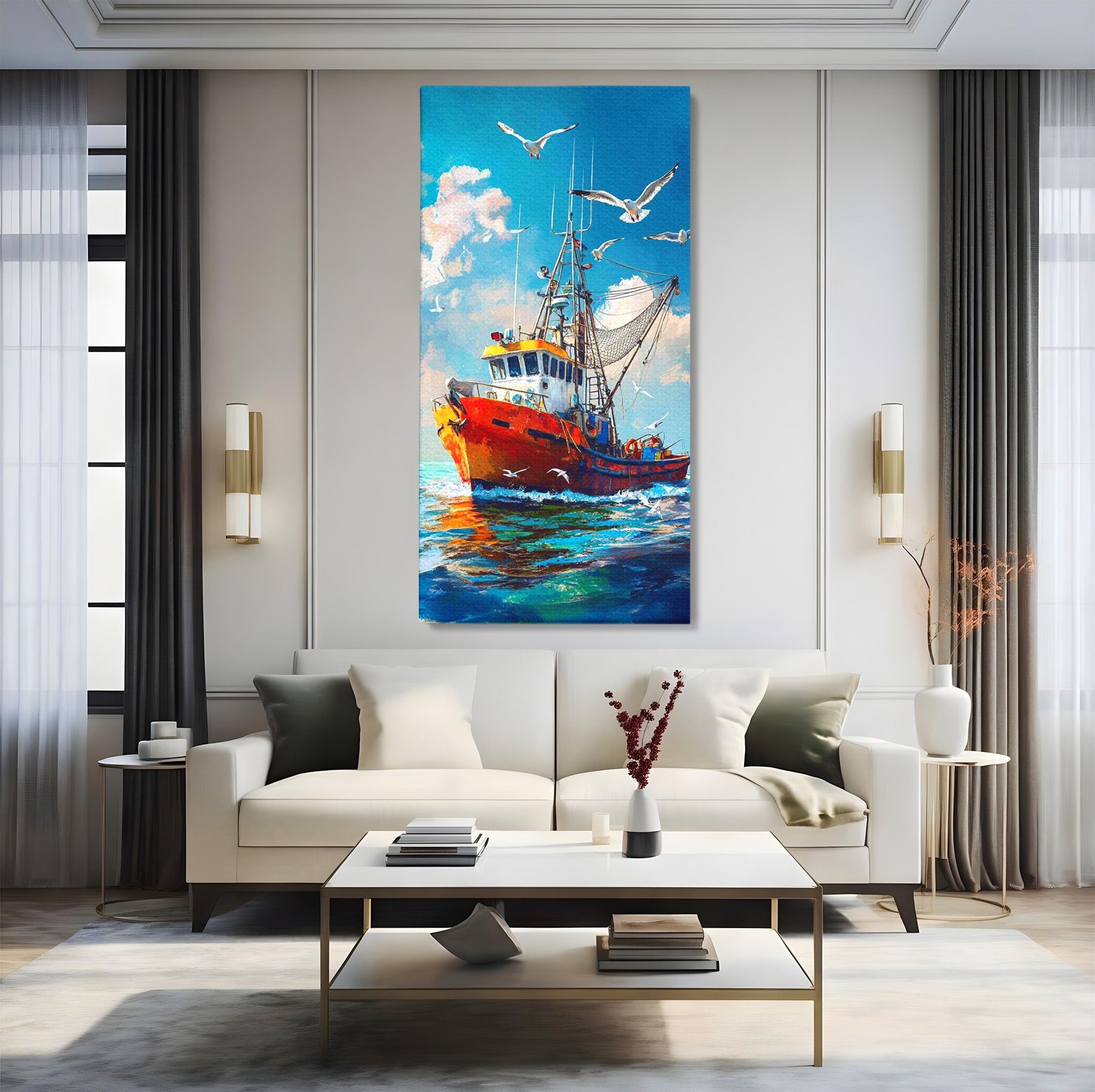 Tablou Canvas Premium LuxCanva® PI1169, Vaporul Pescarilor, Pescador, Pescarusi, Mare, Valuri, Living, Culori Vibrante