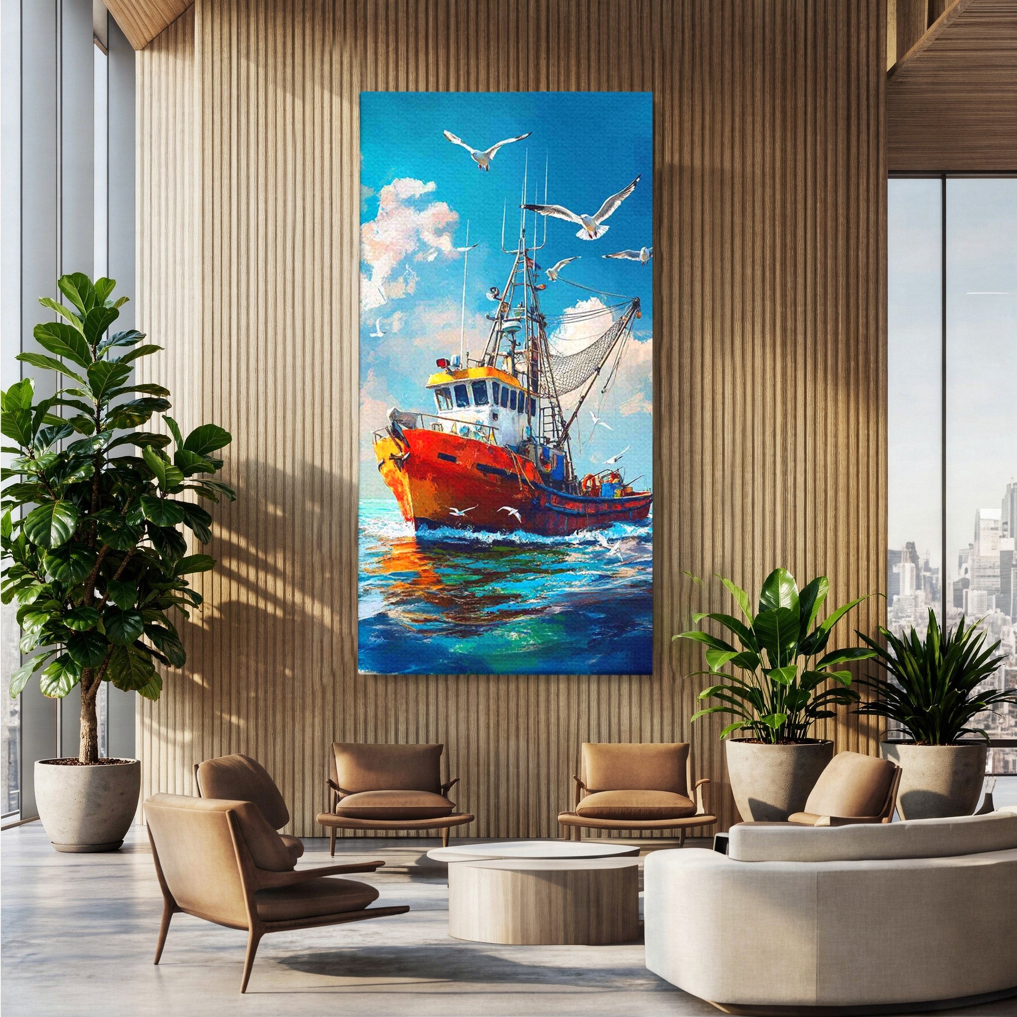 Tablou Canvas Premium LuxCanva® PI1169, Vaporul Pescarilor, Pescador, Pescarusi, Mare, Valuri, Living, Culori Vibrante