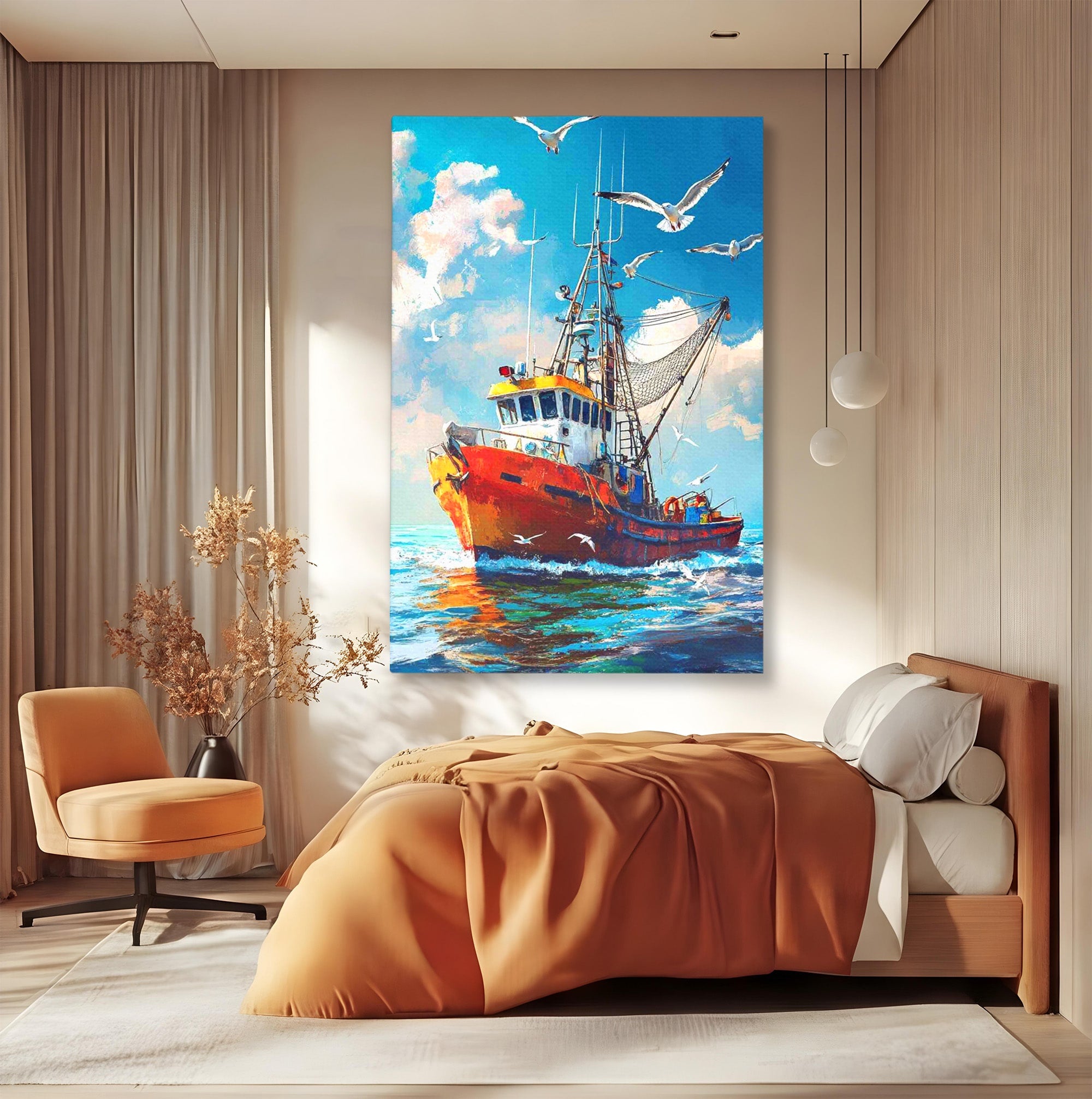 Tablou Canvas Premium LuxCanva® PI1169, Vaporul Pescarilor, Pescador, Pescarusi, Mare, Valuri, Living, Culori Vibrante