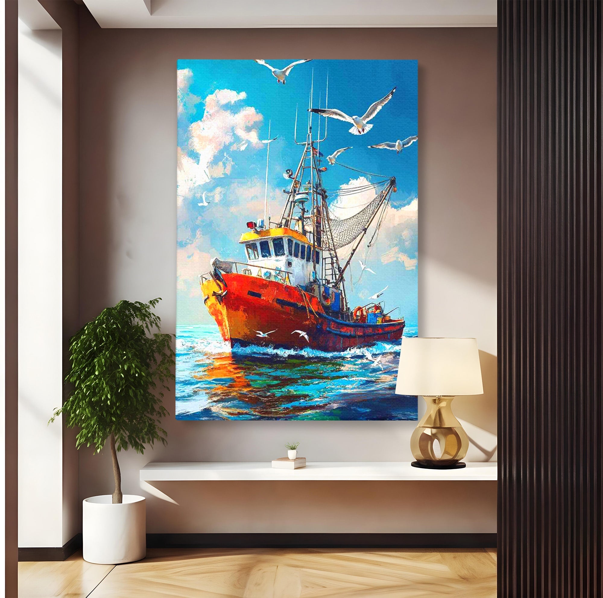 Tablou Canvas Premium LuxCanva® PI1169, Vaporul Pescarilor, Pescador, Pescarusi, Mare, Valuri, Living, Culori Vibrante