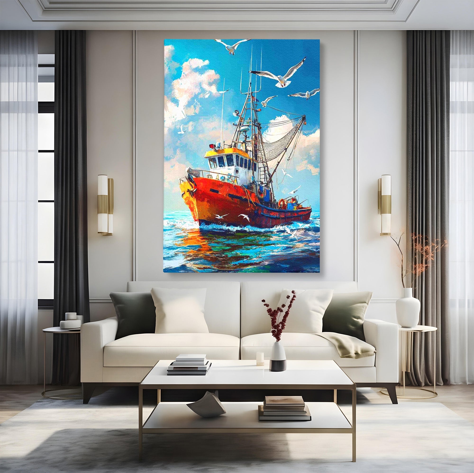 Tablou Canvas Premium LuxCanva® PI1169, Vaporul Pescarilor, Pescador, Pescarusi, Mare, Valuri, Living, Culori Vibrante