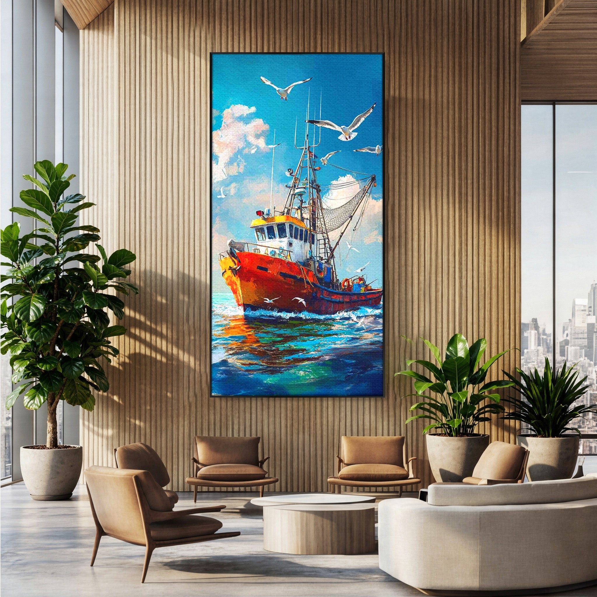 Tablou Canvas Premium LuxCanva® PI1169, Vaporul Pescarilor, Pescador, Pescarusi, Mare, Valuri, Living, Culori Vibrante