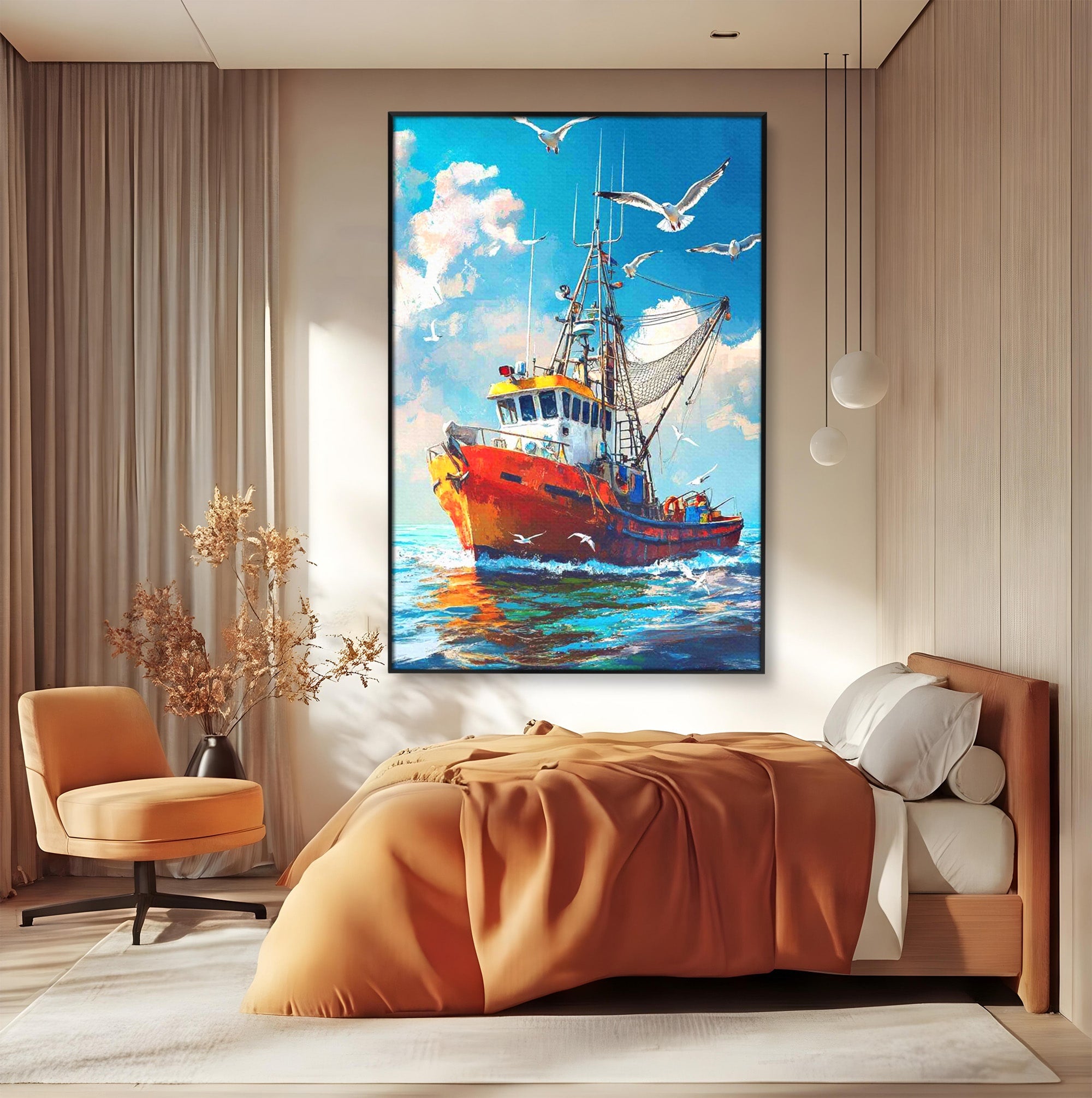 Tablou Canvas Premium LuxCanva® PI1169, Vaporul Pescarilor, Pescador, Pescarusi, Mare, Valuri, Living, Culori Vibrante