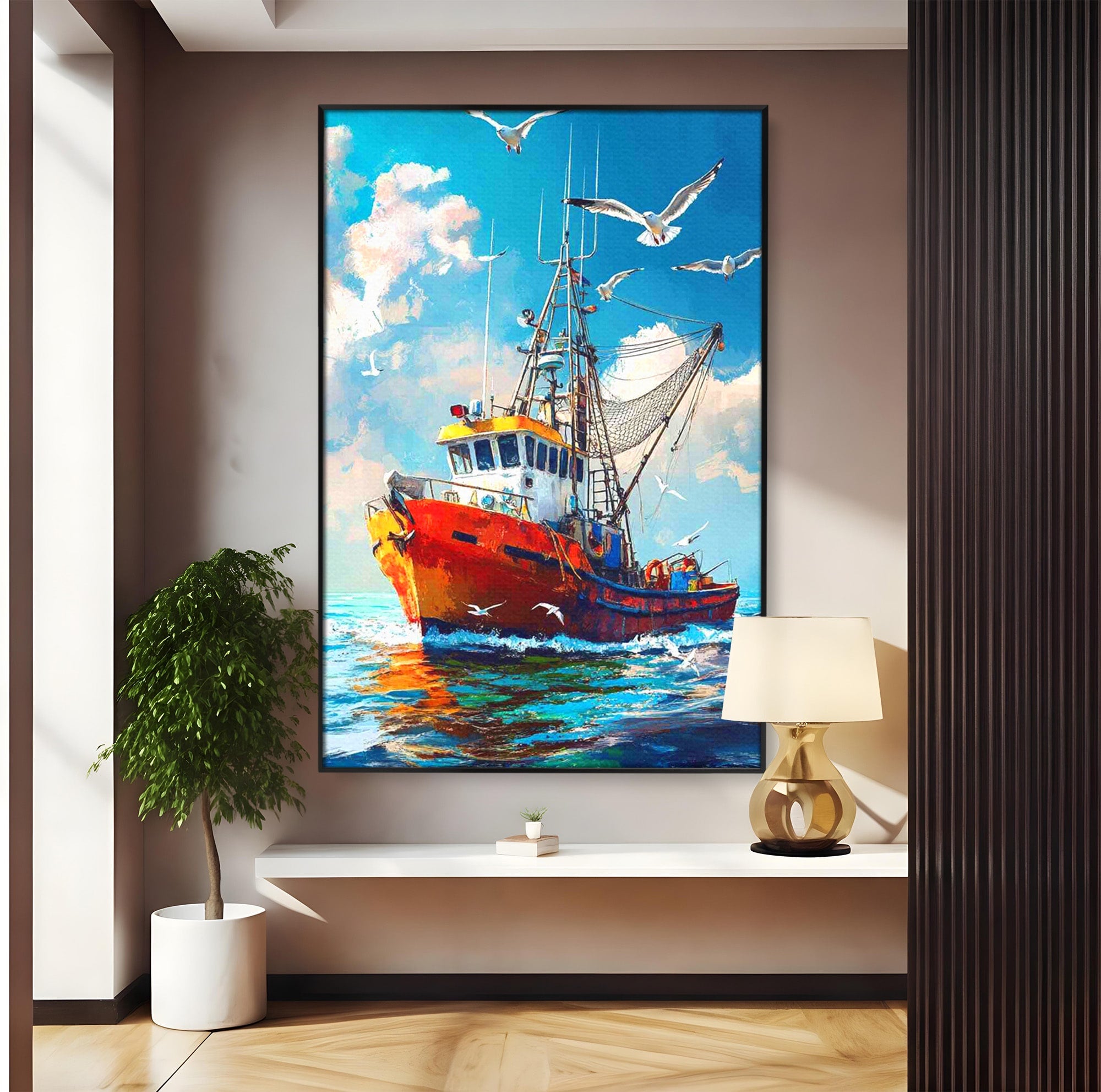 Tablou Canvas Premium LuxCanva® PI1169, Vaporul Pescarilor, Pescador, Pescarusi, Mare, Valuri, Living, Culori Vibrante