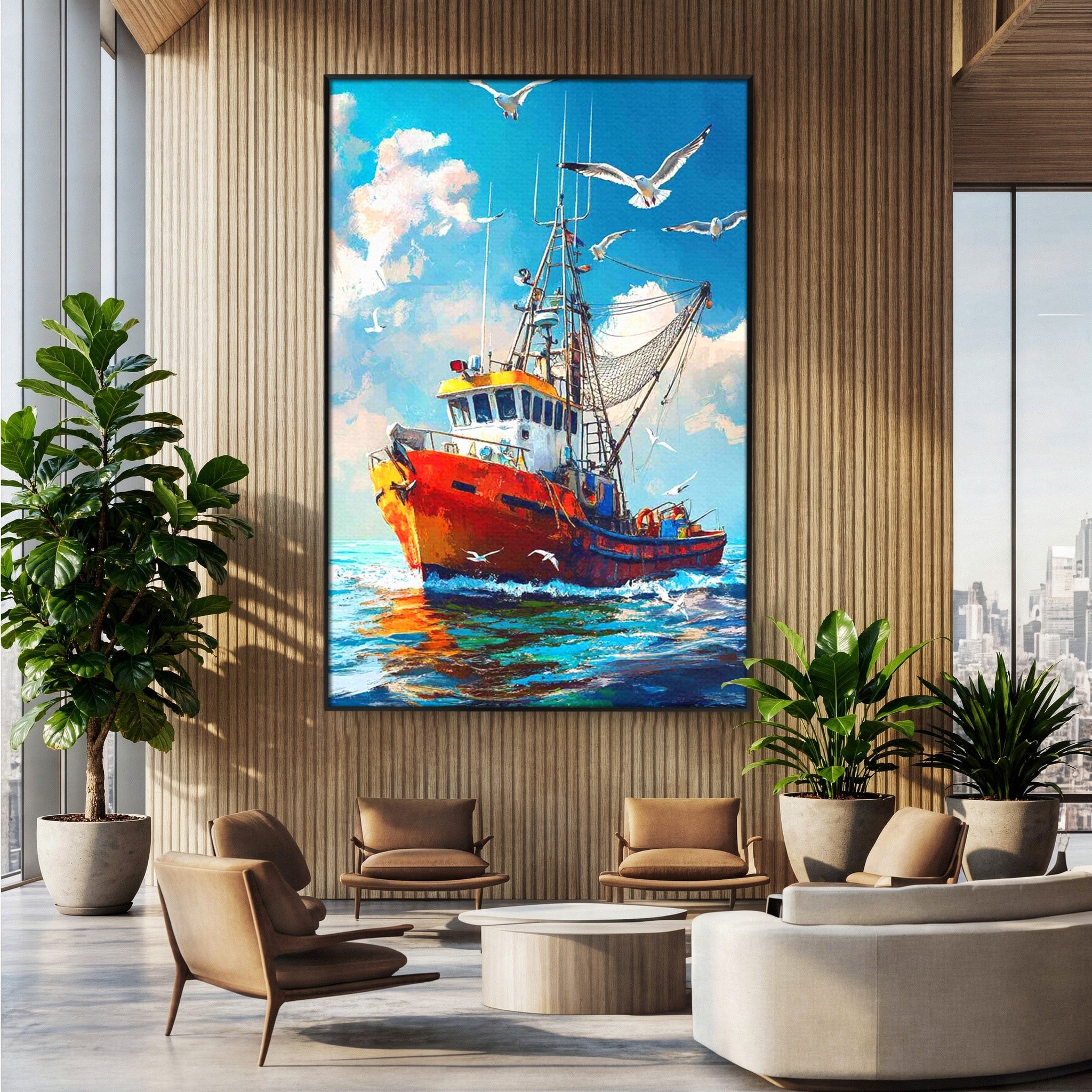 Tablou Canvas Premium LuxCanva® PI1169, Vaporul Pescarilor, Pescador, Pescarusi, Mare, Valuri, Living, Culori Vibrante