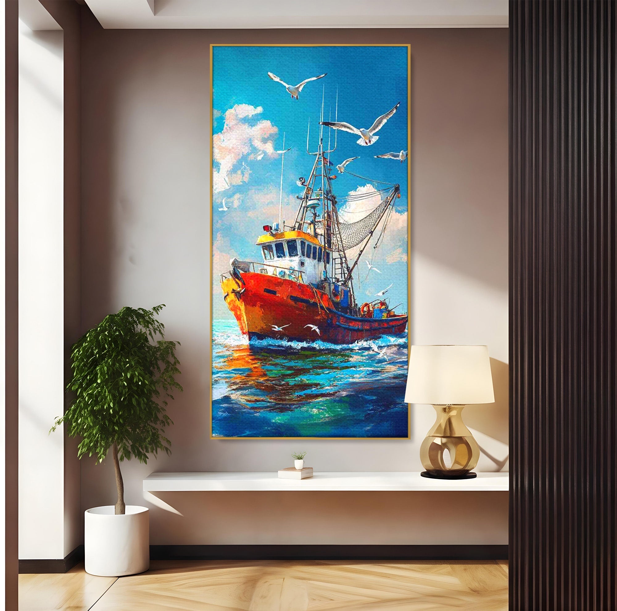 Tablou Canvas Premium LuxCanva® PI1169, Vaporul Pescarilor, Pescador, Pescarusi, Mare, Valuri, Living, Culori Vibrante
