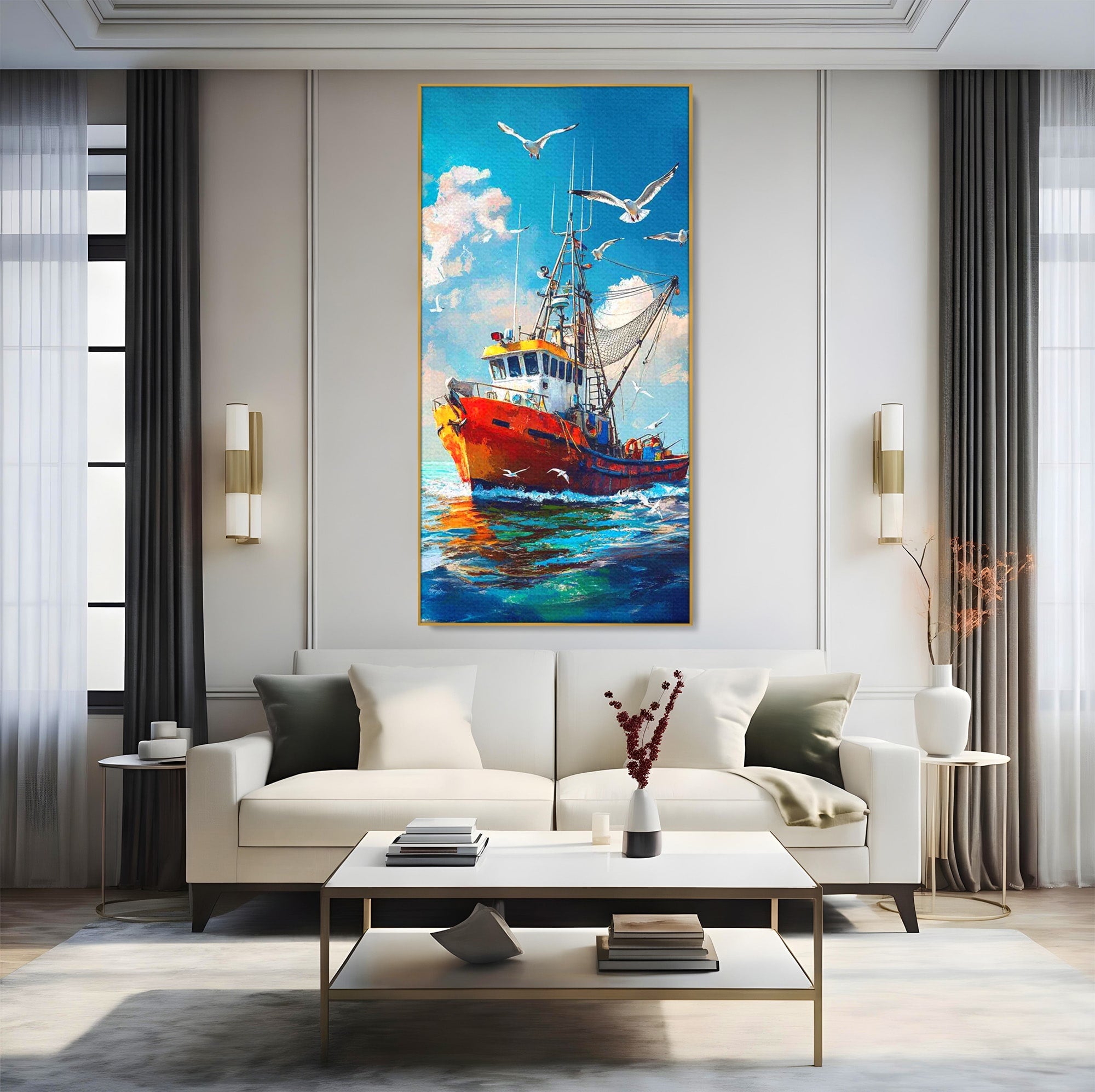 Tablou Canvas Premium LuxCanva® PI1169, Vaporul Pescarilor, Pescador, Pescarusi, Mare, Valuri, Living, Culori Vibrante
