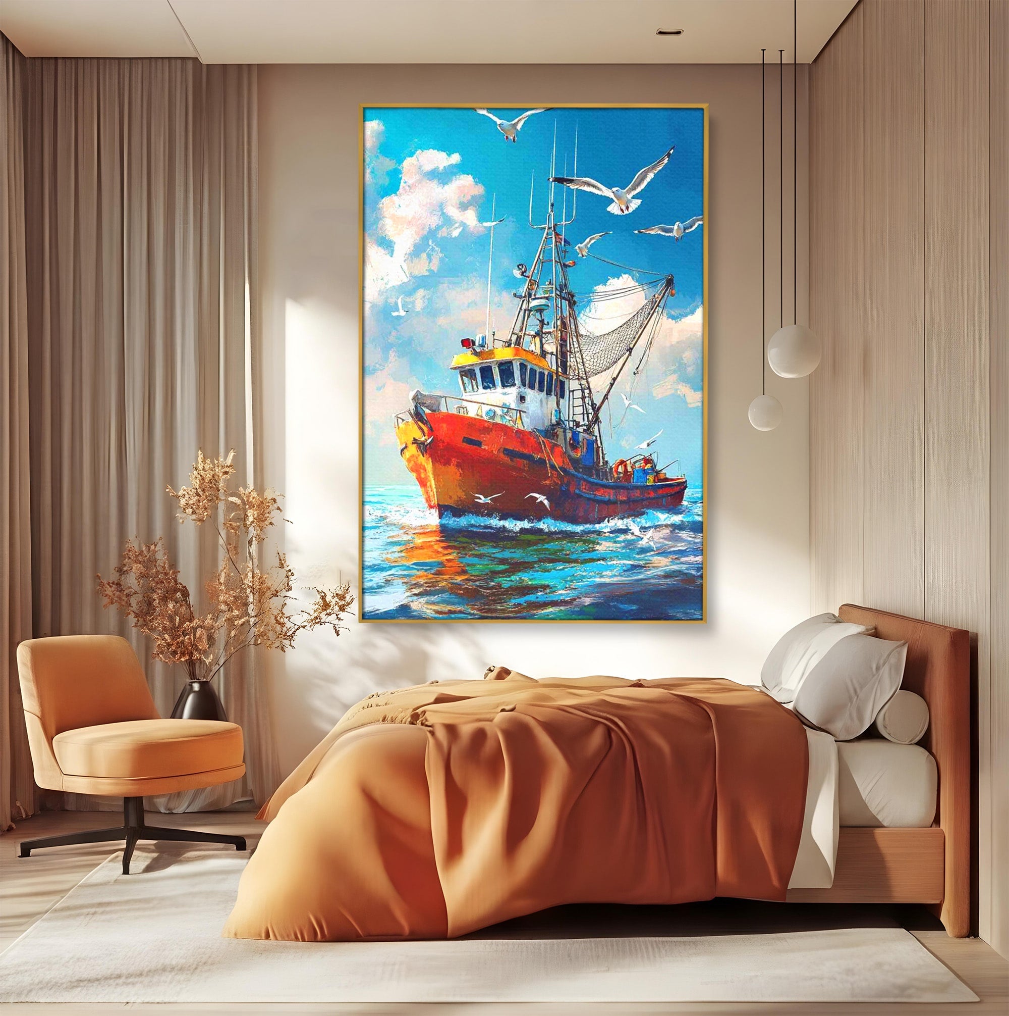Tablou Canvas Premium LuxCanva® PI1169, Vaporul Pescarilor, Pescador, Pescarusi, Mare, Valuri, Living, Culori Vibrante