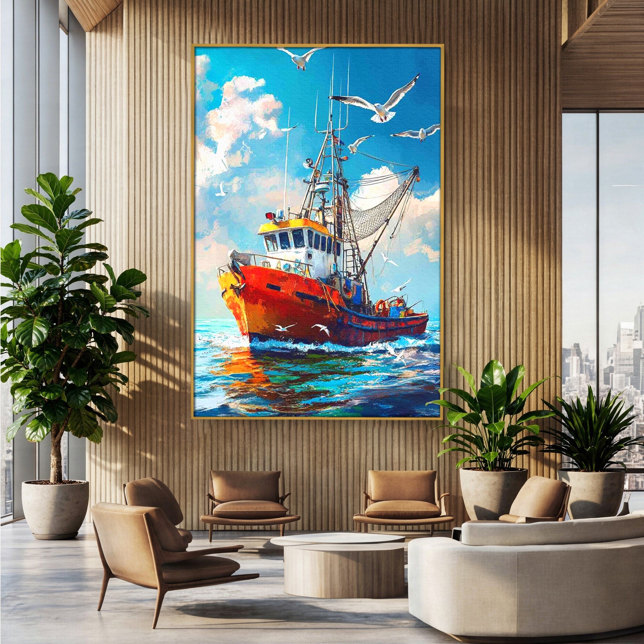 Tablou Canvas Premium LuxCanva® PI1169, Vaporul Pescarilor, Pescador, Pescarusi, Mare, Valuri, Living, Culori Vibrante