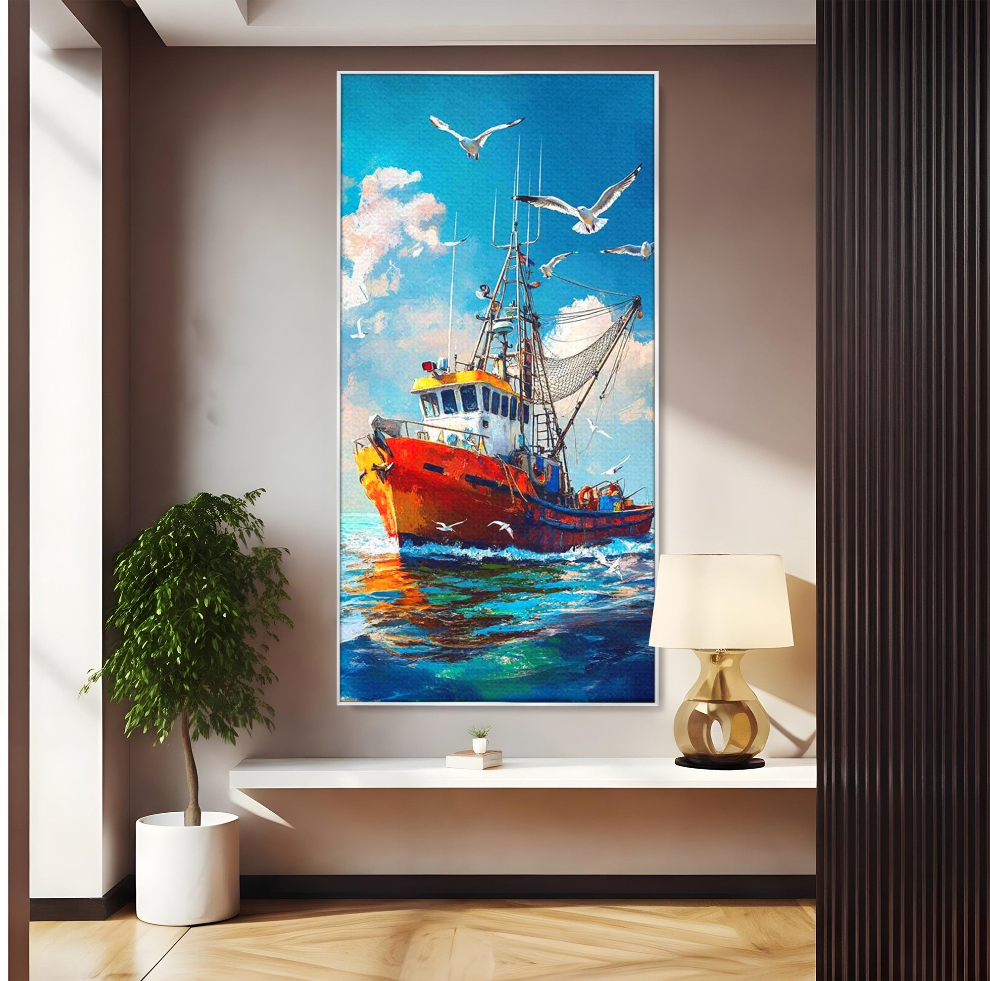 Tablou Canvas Premium LuxCanva® PI1169, Vaporul Pescarilor, Pescador, Pescarusi, Mare, Valuri, Living, Culori Vibrante