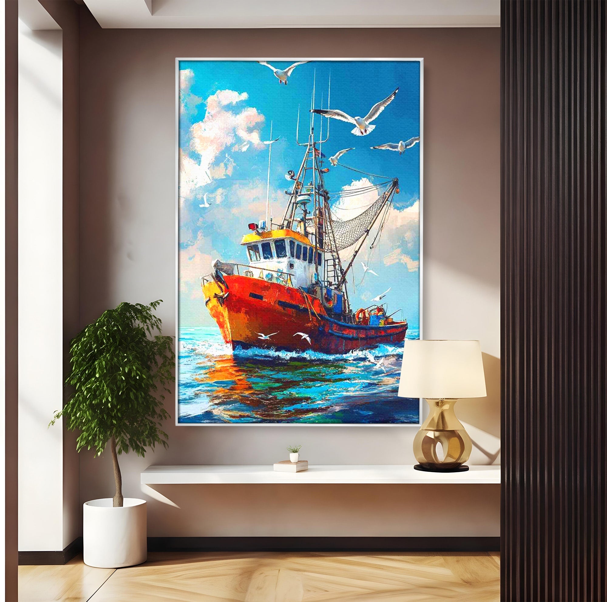 Tablou Canvas Premium LuxCanva® PI1169, Vaporul Pescarilor, Pescador, Pescarusi, Mare, Valuri, Living, Culori Vibrante