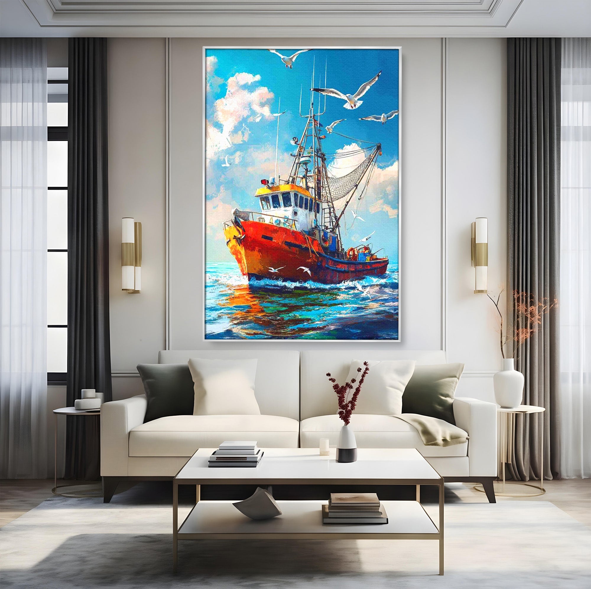 Tablou Canvas Premium LuxCanva® PI1169, Vaporul Pescarilor, Pescador, Pescarusi, Mare, Valuri, Living, Culori Vibrante