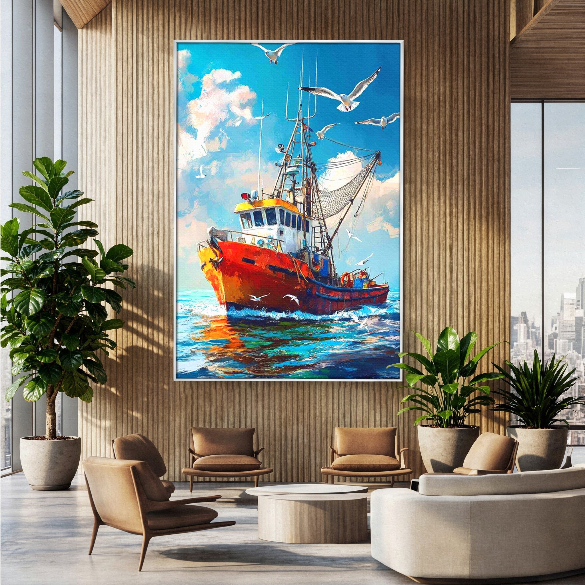 Tablou Canvas Premium LuxCanva® PI1169, Vaporul Pescarilor, Pescador, Pescarusi, Mare, Valuri, Living, Culori Vibrante