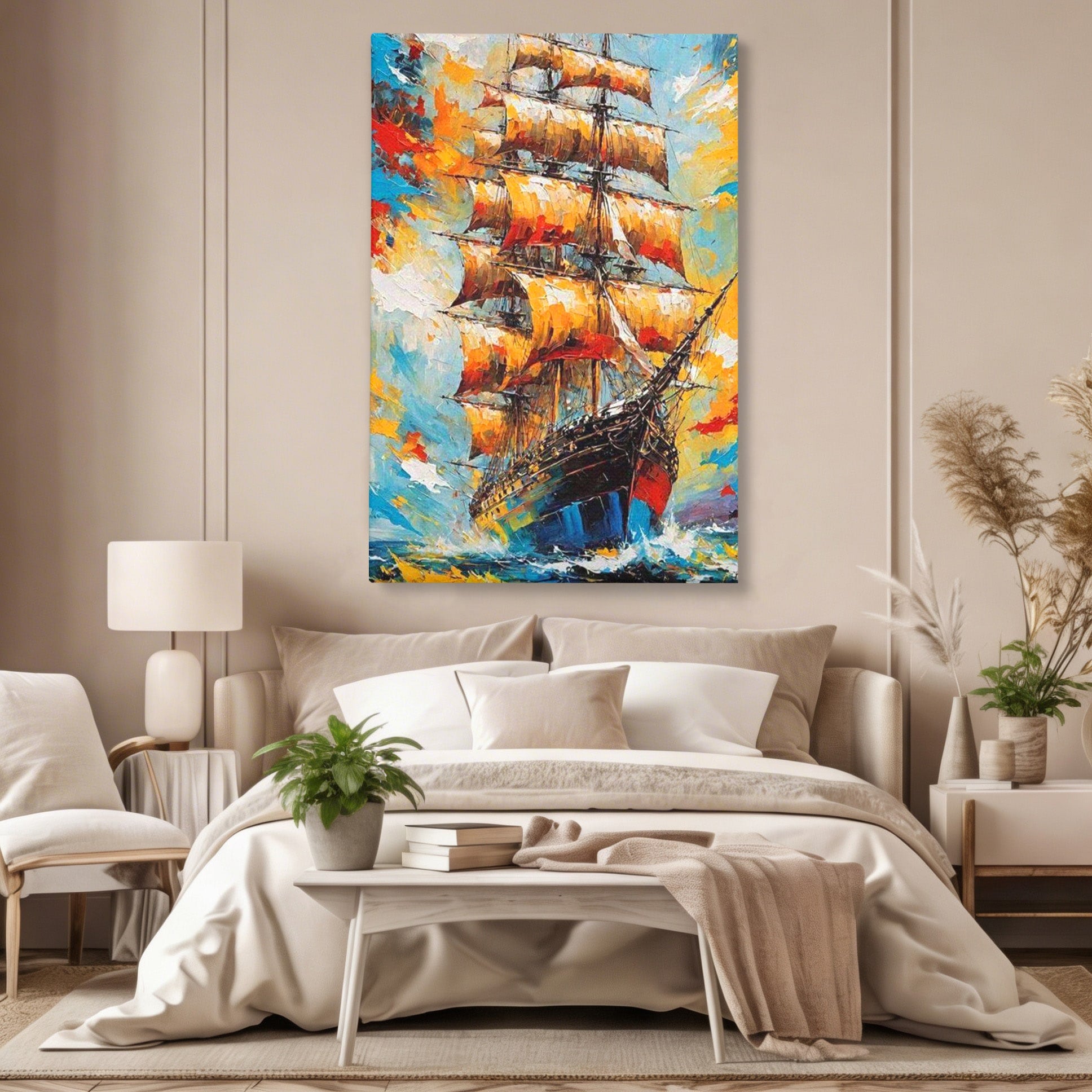 Tablou Canvas Premium LuxCanva® PI1170, Corabie In Vant, Velier, Mare, Ancora, Aventura, Living, Culori Vibrante