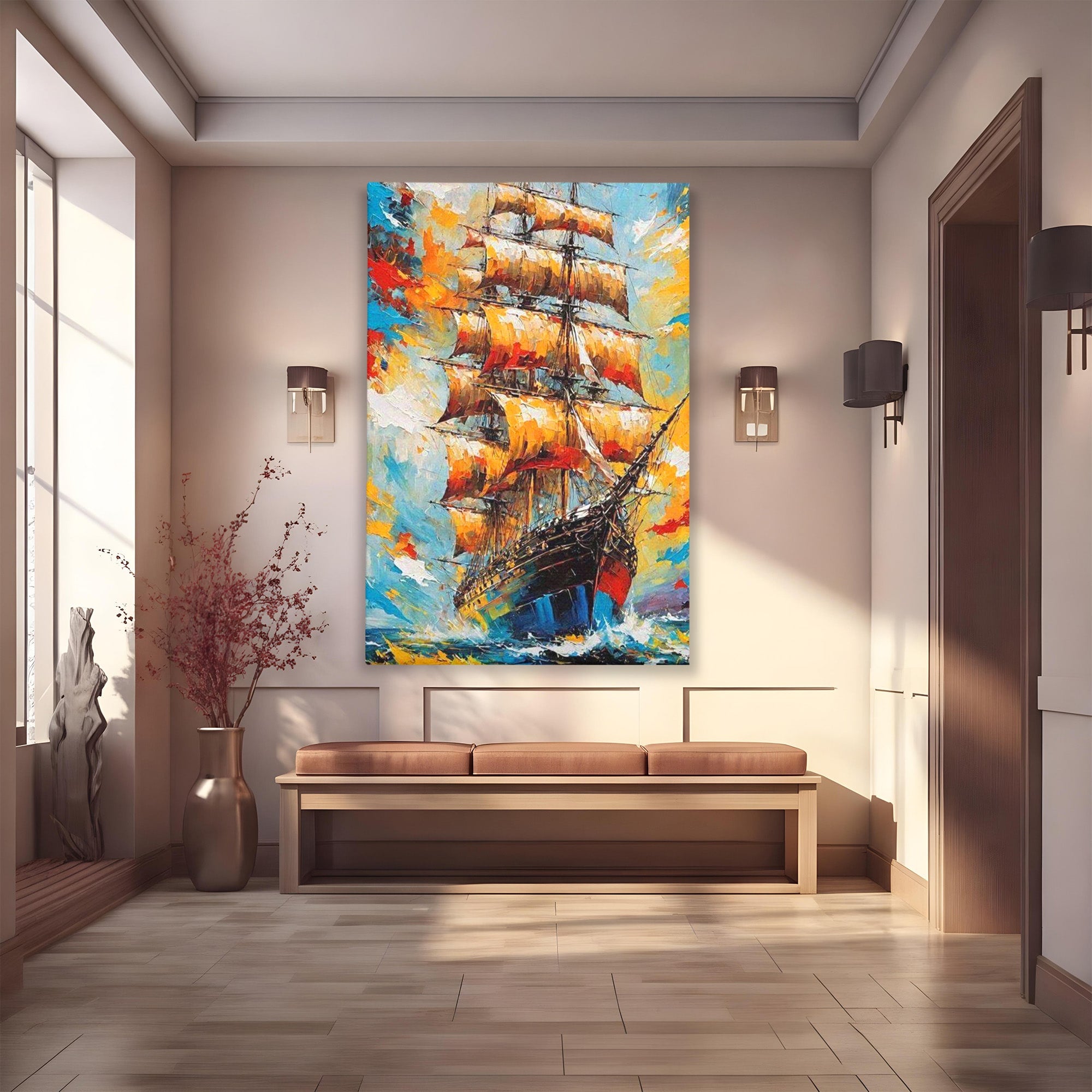 Tablou Canvas Premium LuxCanva® PI1170, Corabie In Vant, Velier, Mare, Ancora, Aventura, Living, Culori Vibrante