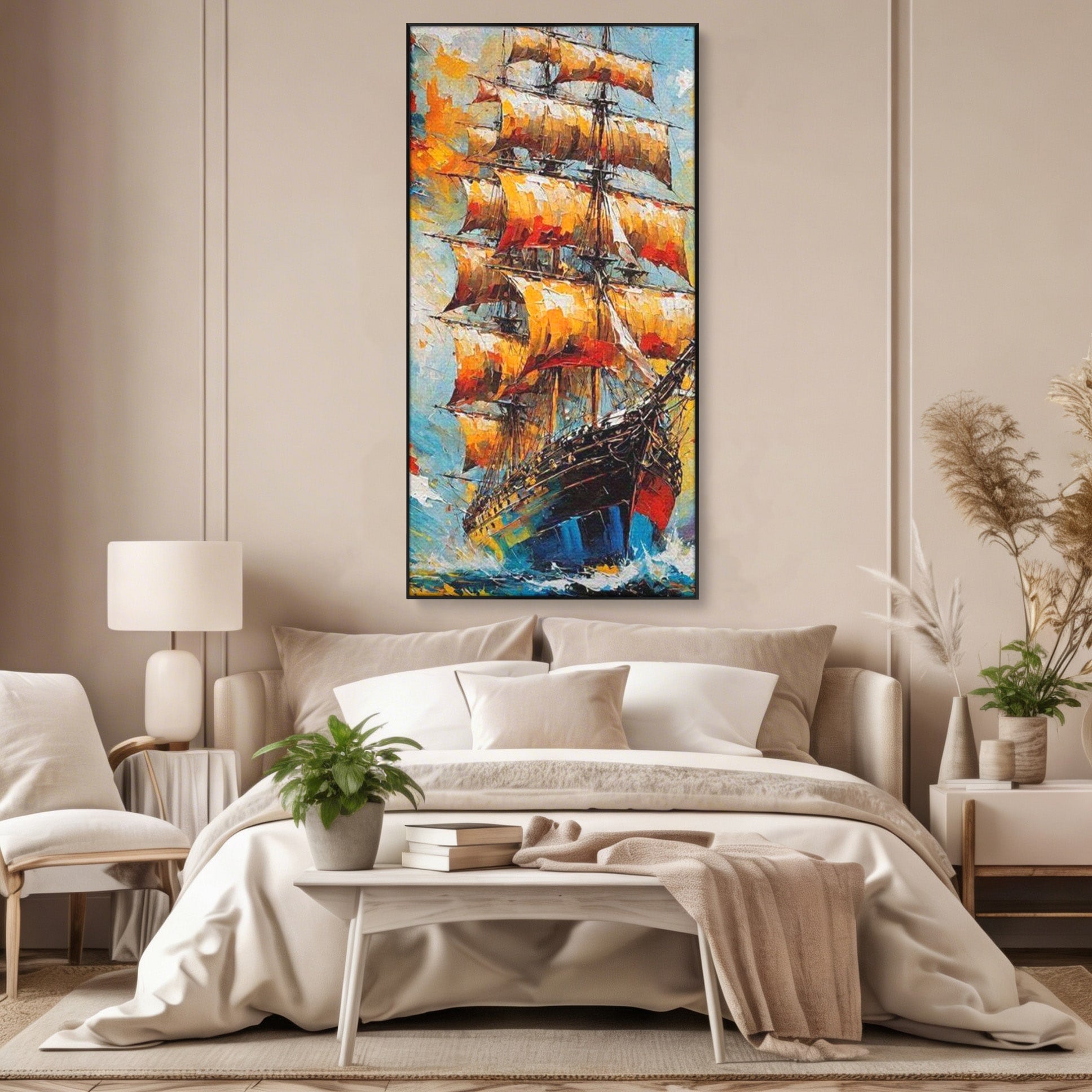 Tablou Canvas Premium LuxCanva® PI1170, Corabie In Vant, Velier, Mare, Ancora, Aventura, Living, Culori Vibrante