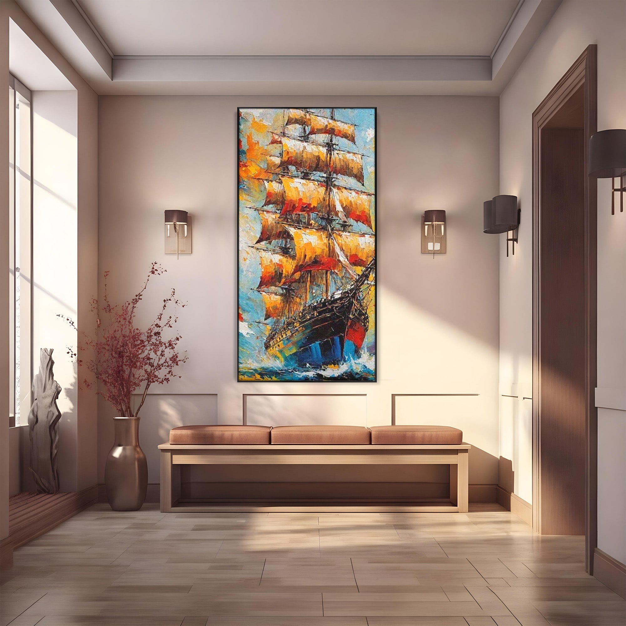 Tablou Canvas Premium LuxCanva® PI1170, Corabie In Vant, Velier, Mare, Ancora, Aventura, Living, Culori Vibrante