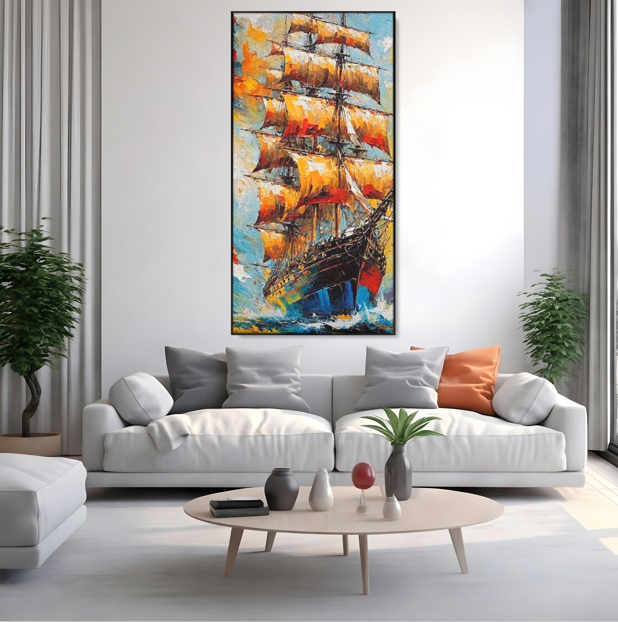 Tablou Canvas Premium LuxCanva® PI1170, Corabie In Vant, Velier, Mare, Ancora, Aventura, Living, Culori Vibrante