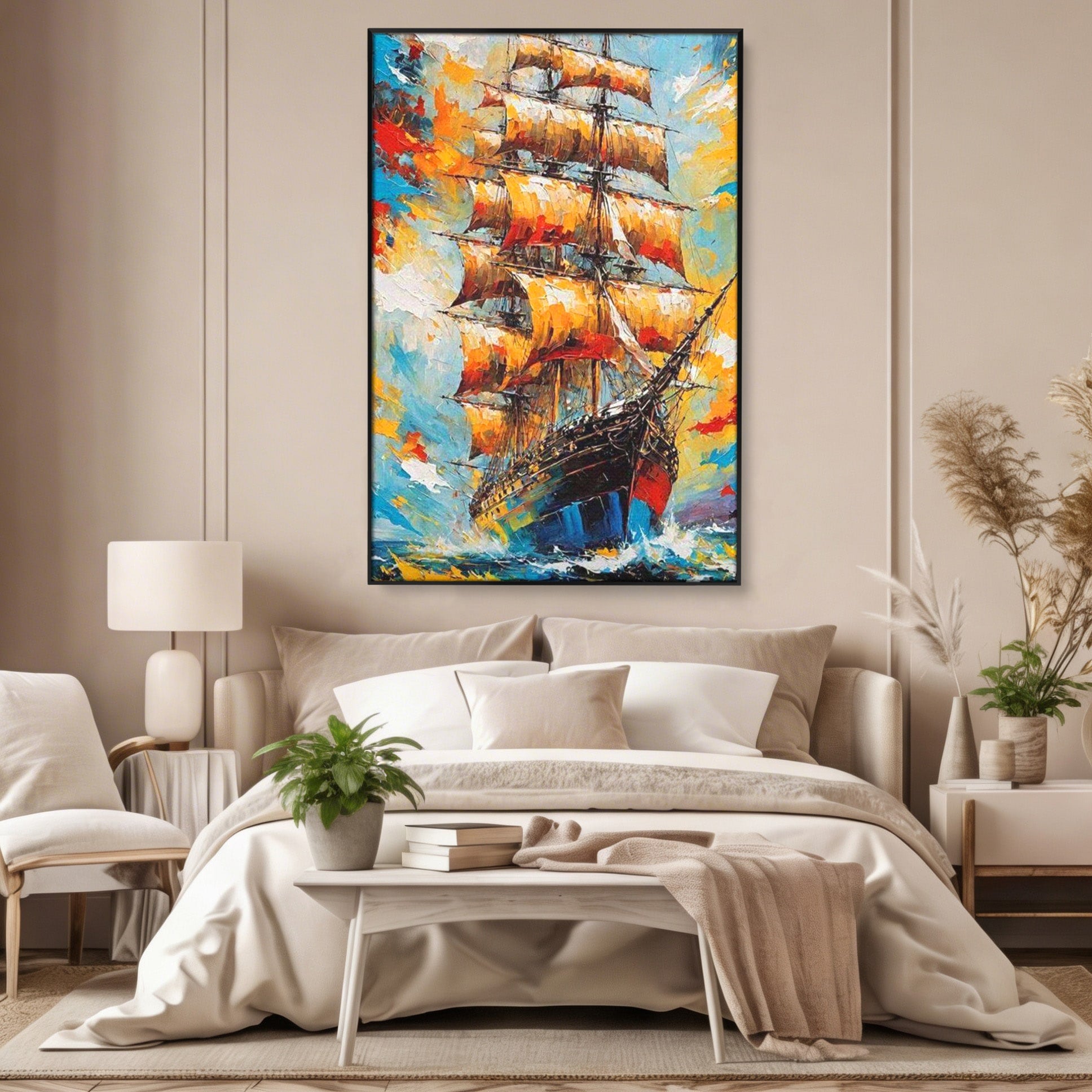 Tablou Canvas Premium LuxCanva® PI1170, Corabie In Vant, Velier, Mare, Ancora, Aventura, Living, Culori Vibrante