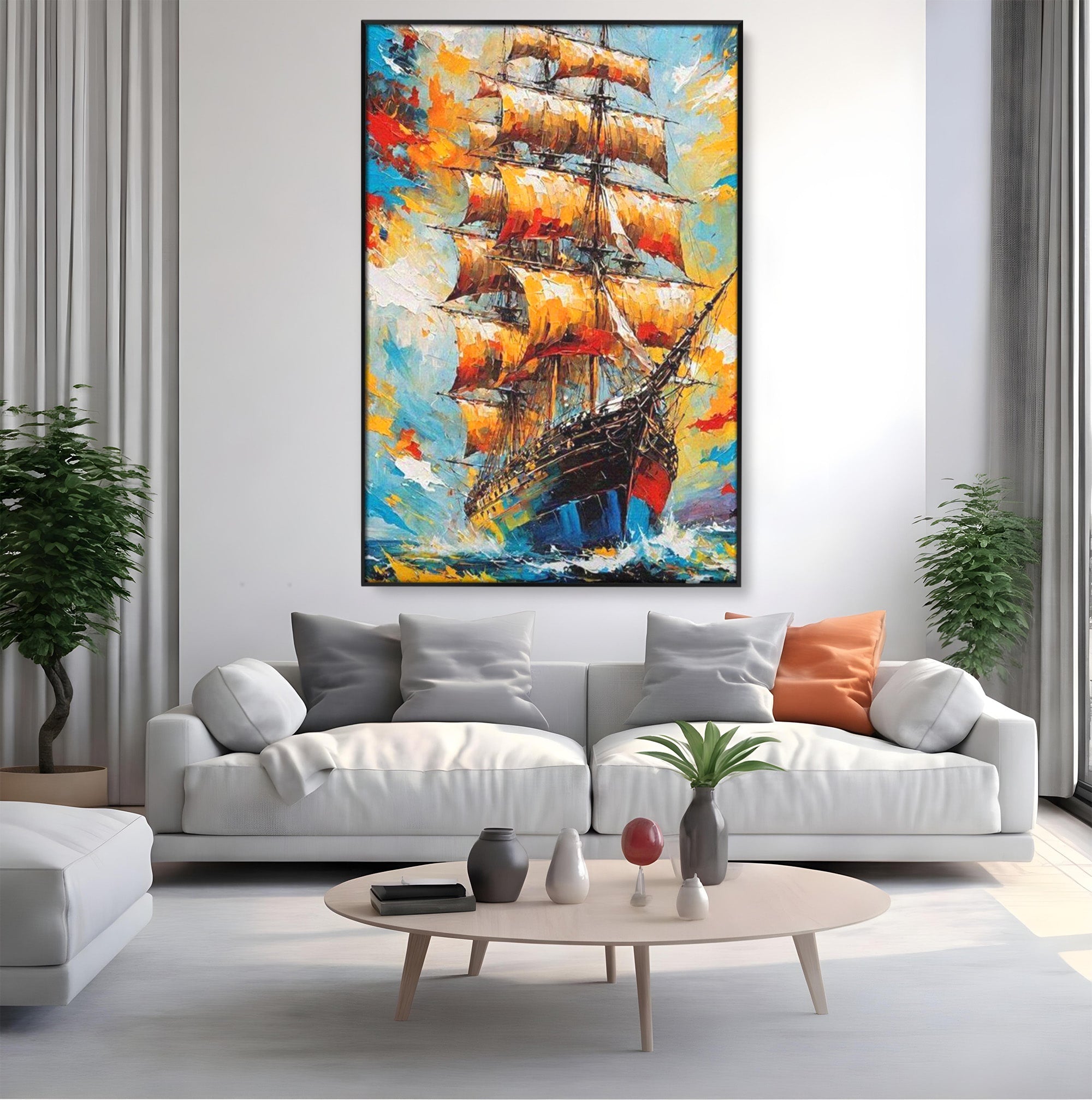 Tablou Canvas Premium LuxCanva® PI1170, Corabie In Vant, Velier, Mare, Ancora, Aventura, Living, Culori Vibrante