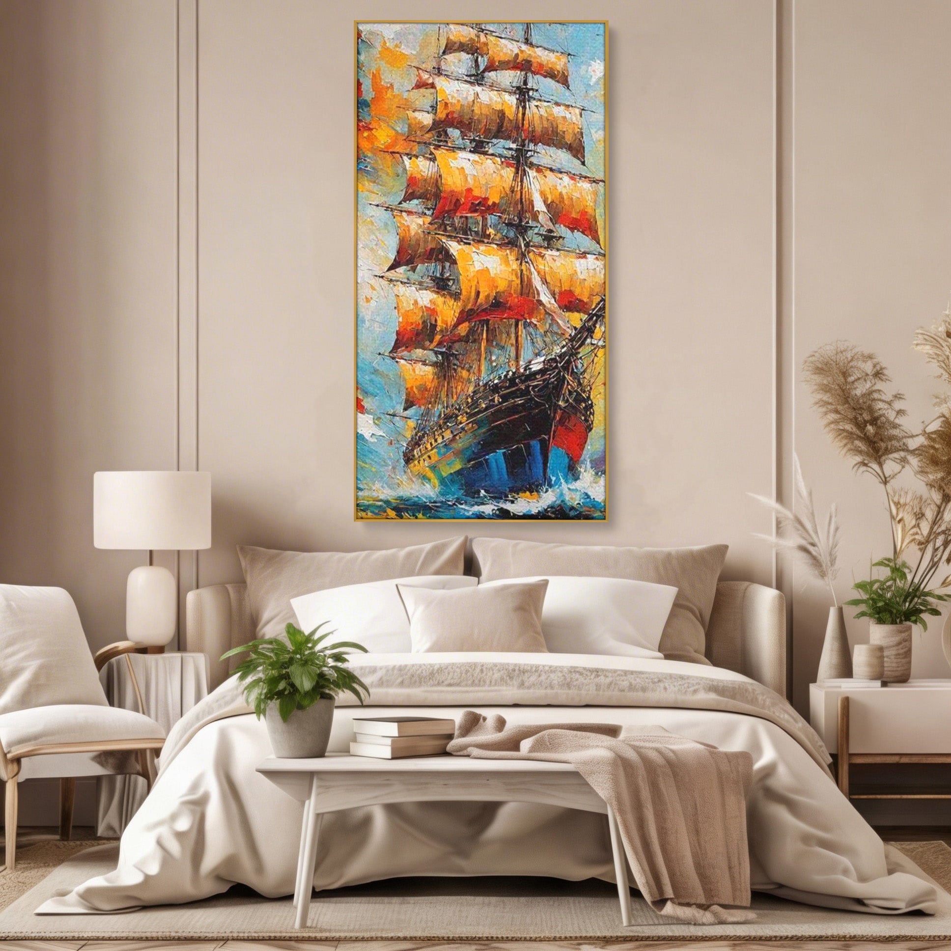 Tablou Canvas Premium LuxCanva® PI1170, Corabie In Vant, Velier, Mare, Ancora, Aventura, Living, Culori Vibrante