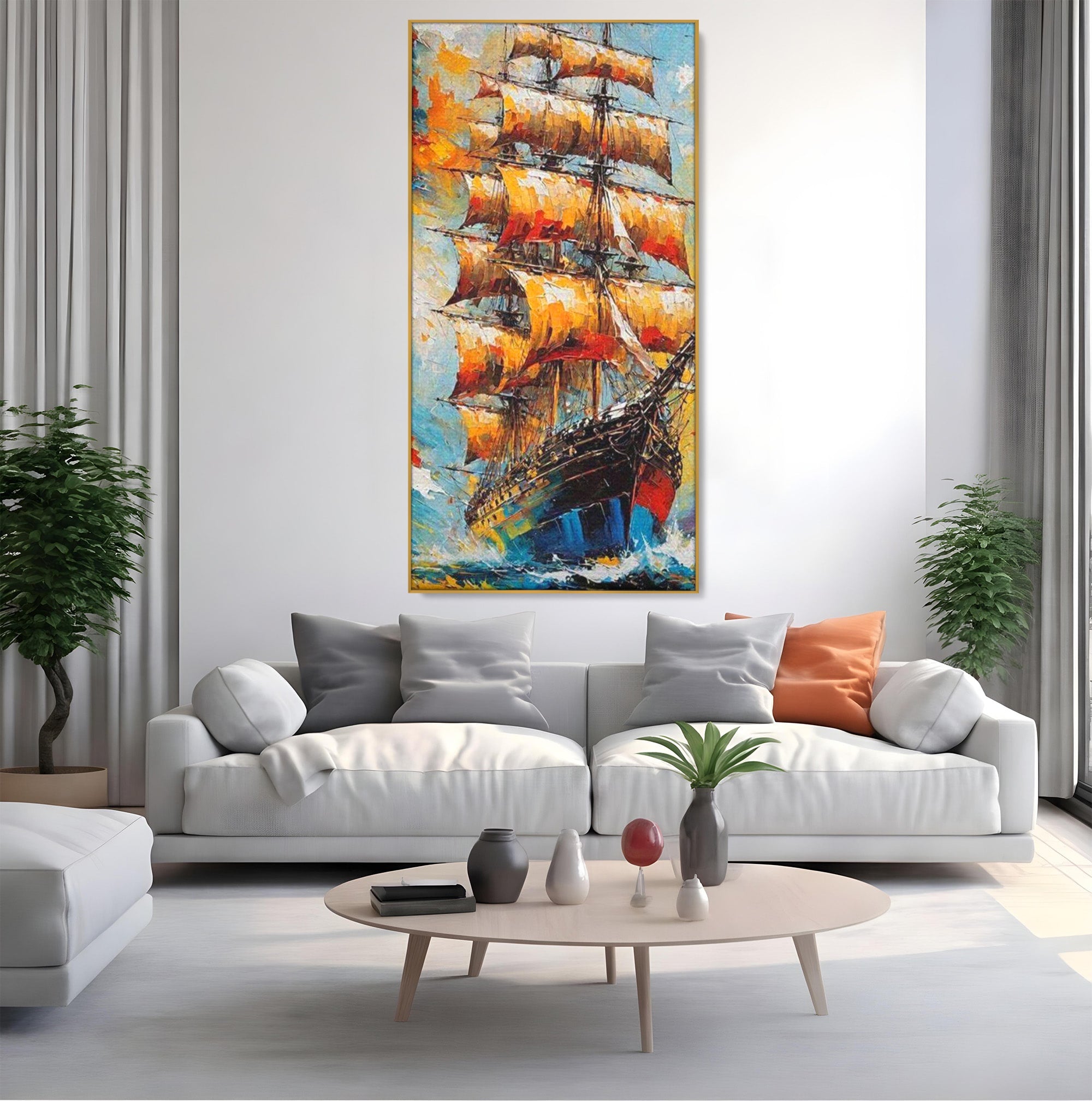 Tablou Canvas Premium LuxCanva® PI1170, Corabie In Vant, Velier, Mare, Ancora, Aventura, Living, Culori Vibrante
