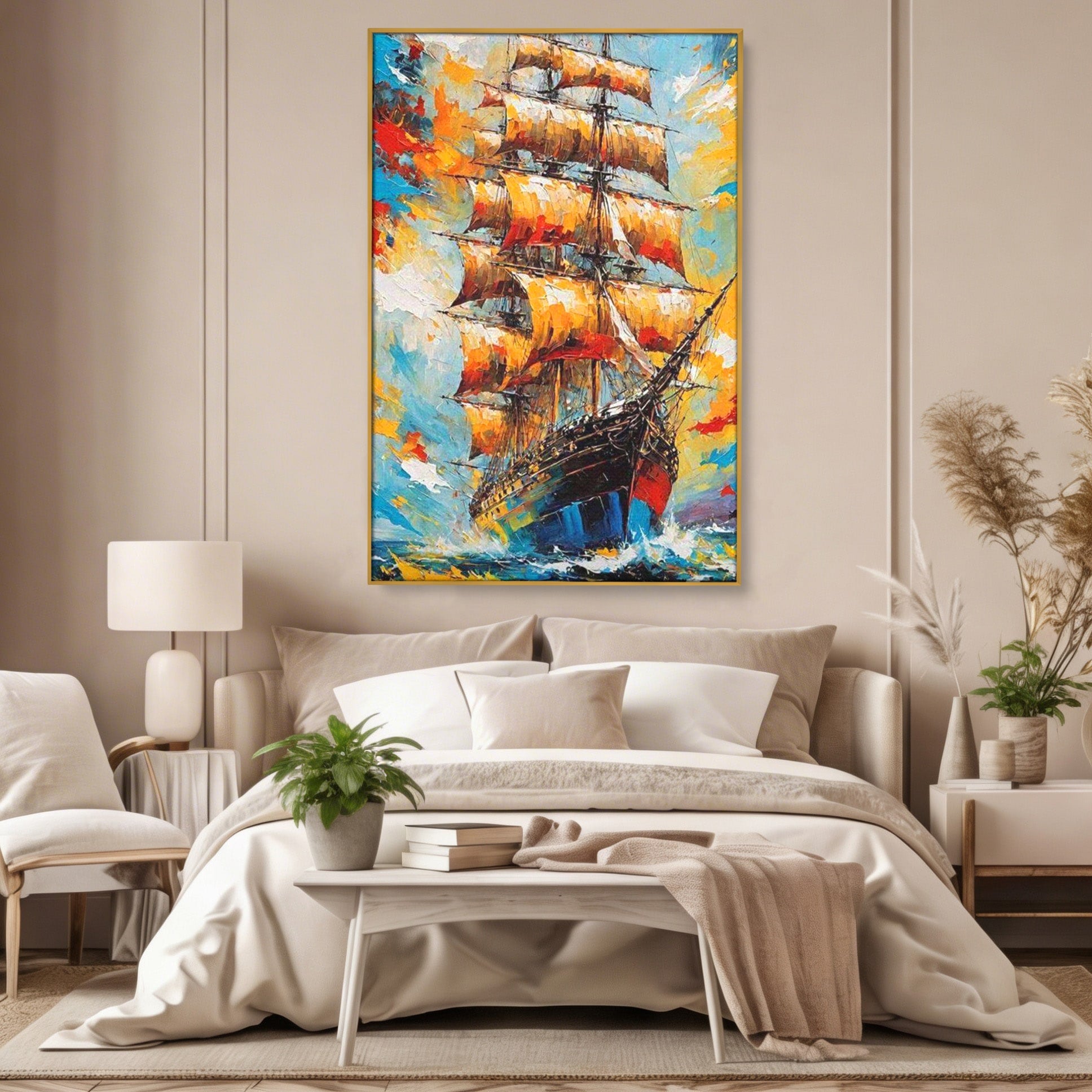 Tablou Canvas Premium LuxCanva® PI1170, Corabie In Vant, Velier, Mare, Ancora, Aventura, Living, Culori Vibrante