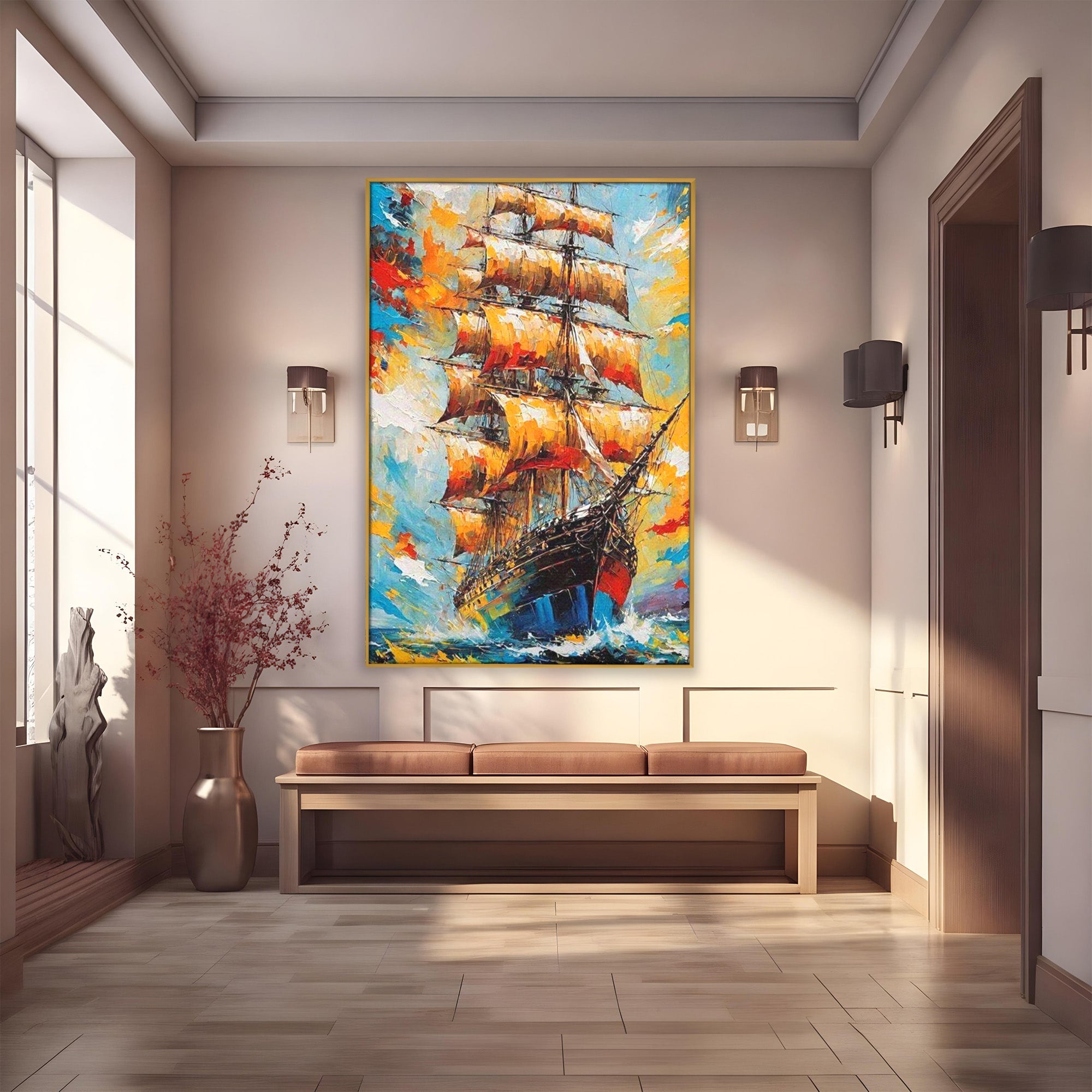 Tablou Canvas Premium LuxCanva® PI1170, Corabie In Vant, Velier, Mare, Ancora, Aventura, Living, Culori Vibrante