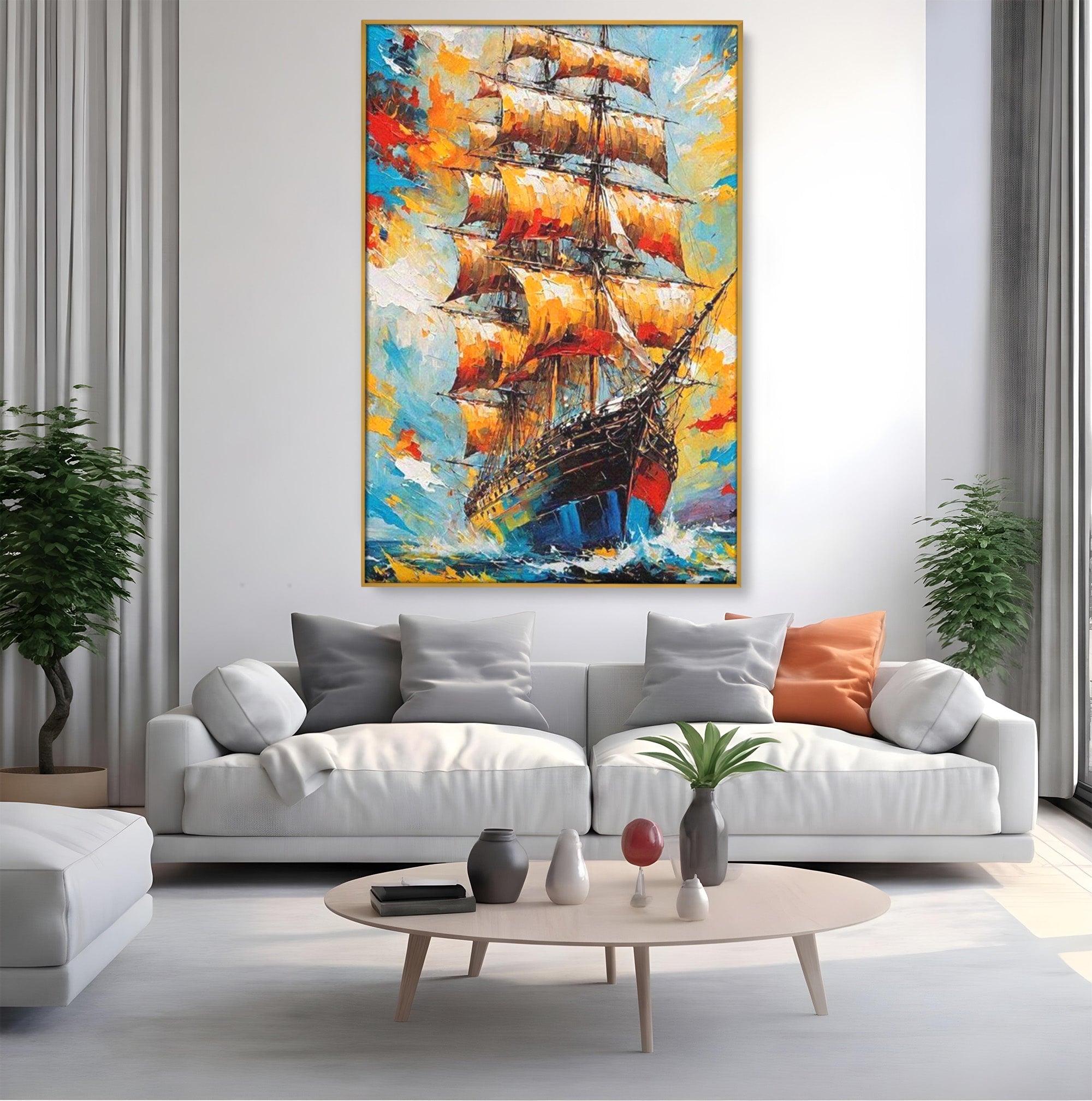 Tablou Canvas Premium LuxCanva® PI1170, Corabie In Vant, Velier, Mare, Ancora, Aventura, Living, Culori Vibrante
