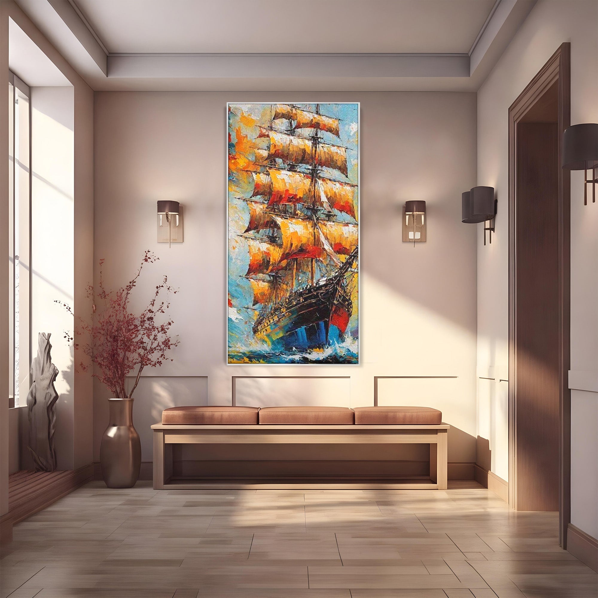 Tablou Canvas Premium LuxCanva® PI1170, Corabie In Vant, Velier, Mare, Ancora, Aventura, Living, Culori Vibrante