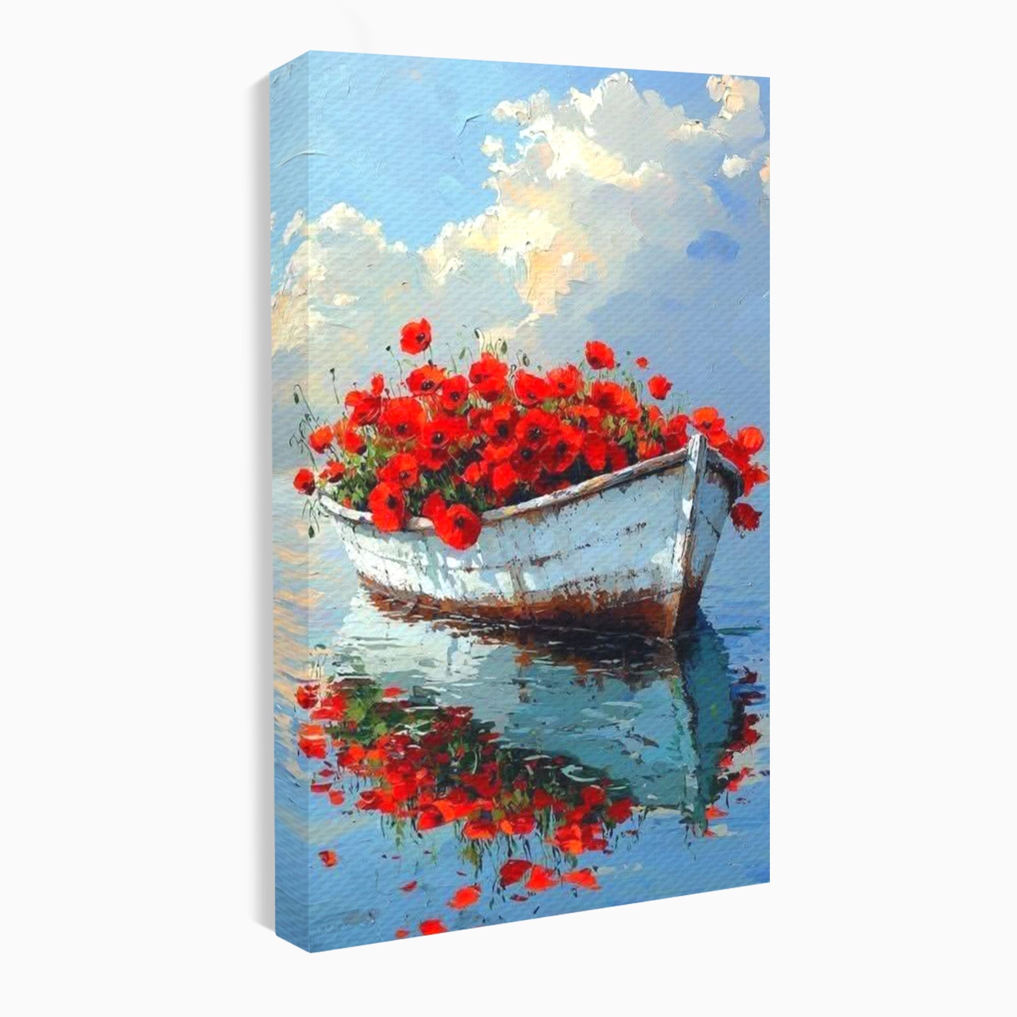 Tablou Canvas Premium LuxCanva® PI1171, Barca Cu Maci, Ambarcatiune, Rosu, Peisaj, Apa, Living, Culori Vibrante