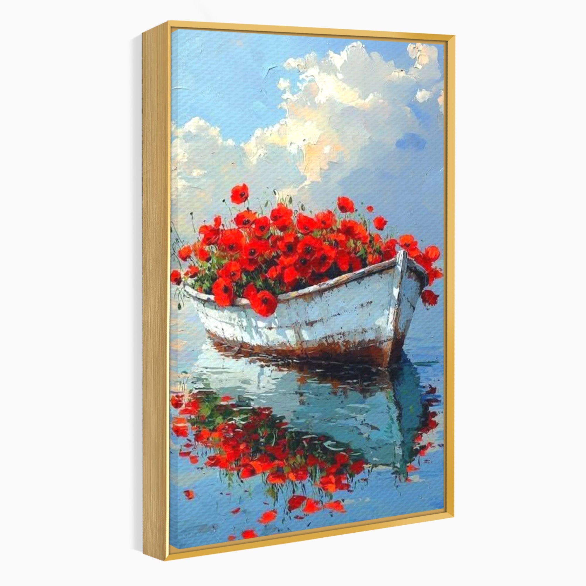 Tablou Canvas Premium LuxCanva® PI1171, Barca Cu Maci, Ambarcatiune, Rosu, Peisaj, Apa, Living, Culori Vibrante